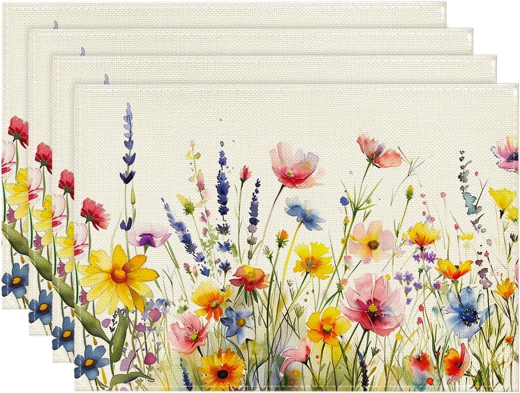 Artoid Mode Daisy Lavender Floral Leaves Spring Placemats Set of 4,12×18 Inch Seasonal Spring Table Mats for Party Kitchen Dining Decoration
