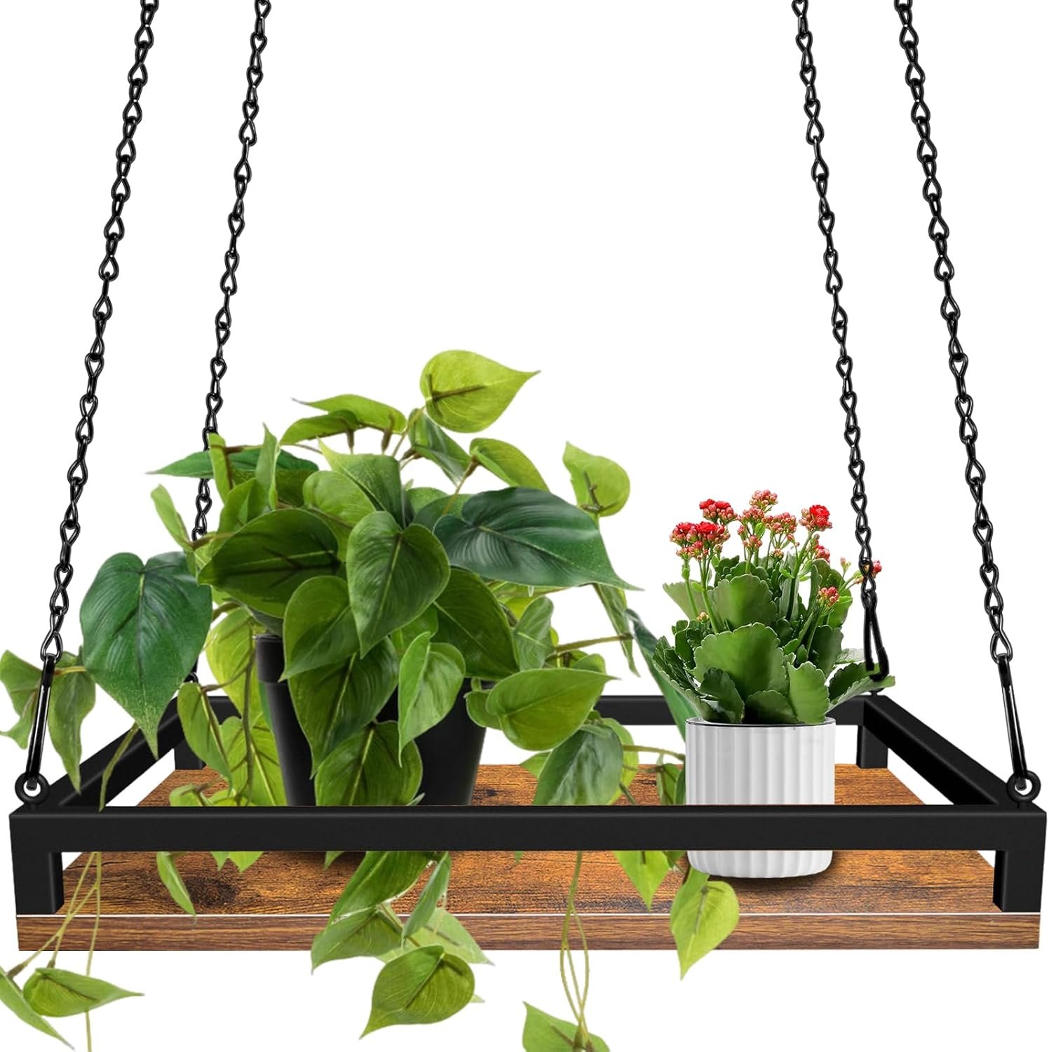 Plant Hanger Indoor, 16″ Wooden Hanging Plant Holder with Metal Frame Large Hanging Planter for Indoor Plants Load 50LB Hanging Plant Shelf with 27.6″ Long Chain, Ideal for Heavier Pots Window Ceiling