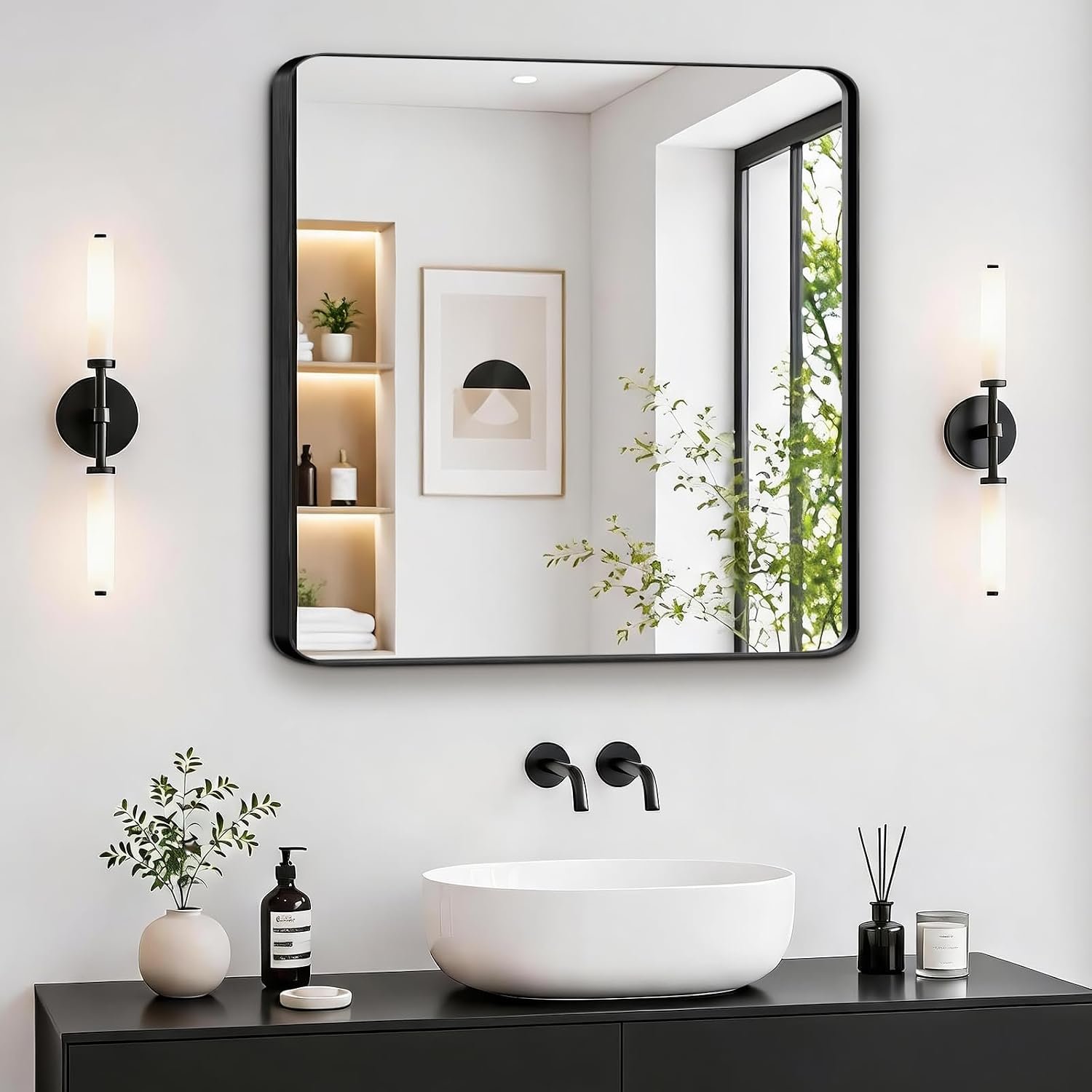 Bathroom Mirrors for Over Sink,1Pcs 20x16Inch Vanity Mirrors for Wall,Black Metal Frame Rectangle Mirrors for Bathroom Farmhouse Restroom,Hangs Horizontally or Vertically