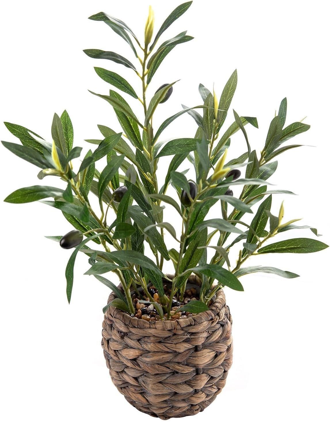 17.7″ Small Boho Artificial Olive Plant, Faux Greenery in Brown Handwoven Rattan Basket, Ideal for Office Desk Kitchen Shelf Home Decor
