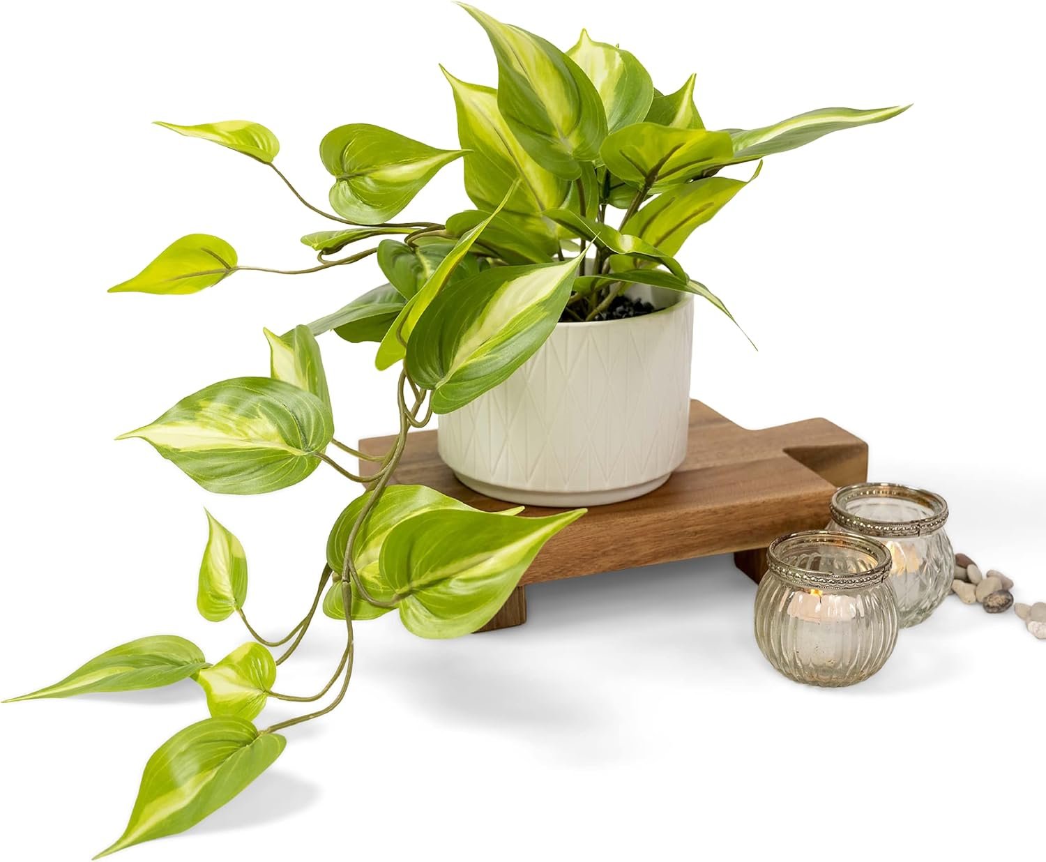 Kurrajong Farmhouse Light Green Fake pothos Plant | Fake Plant for Shelf Decor | Artificial Trailing Ivy Plant with 5″ Wide Ceramic Pot | Faux pothos | Feaux Pothos