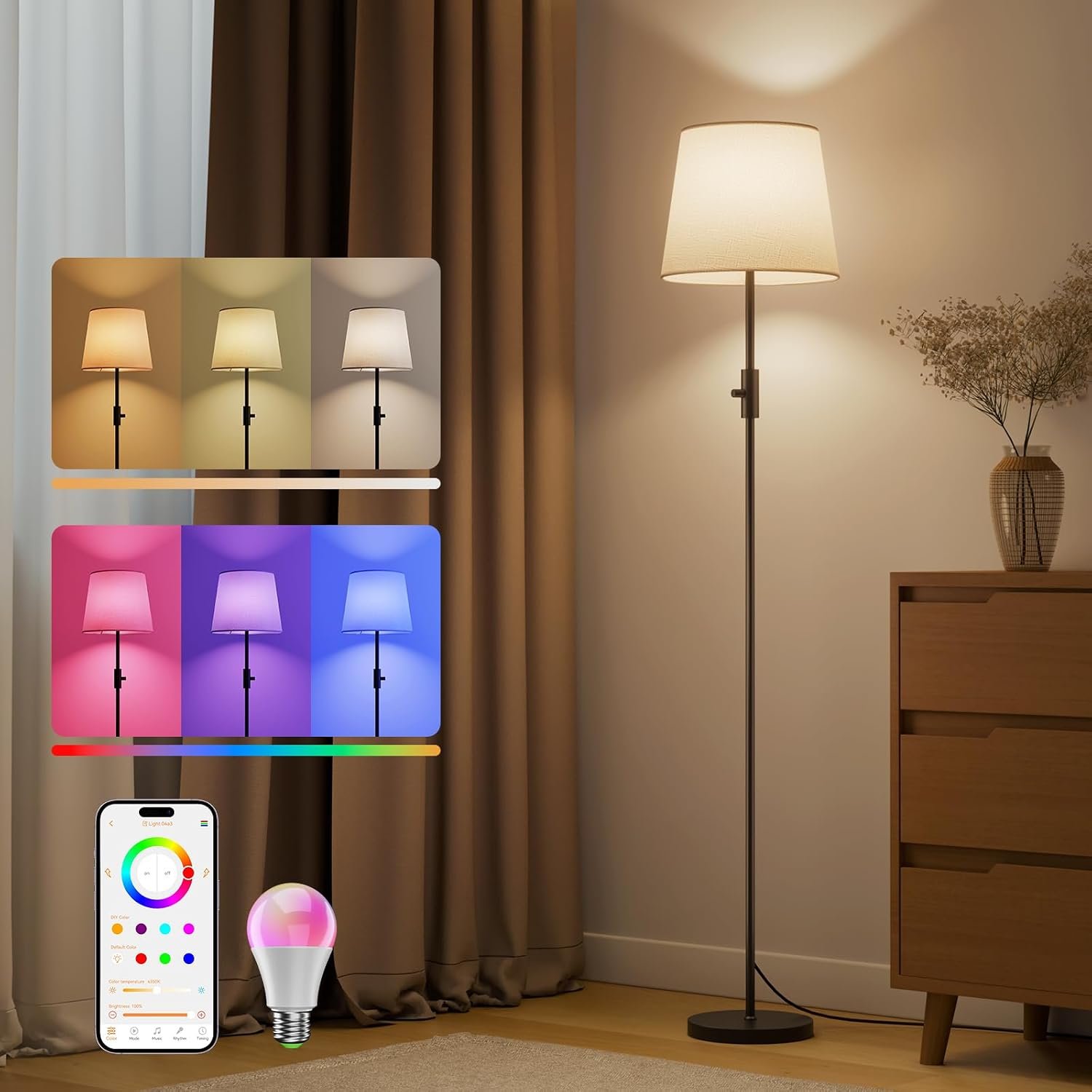 Smart Floor Lamp for Living Room, 62″ Compatible with Alexa & App Control, RGB Color-Changing & 2700K-6000K, 1%-100% Dimmable, Music Sync, 1200lm, Woven Linen Shade, No Registration Required
