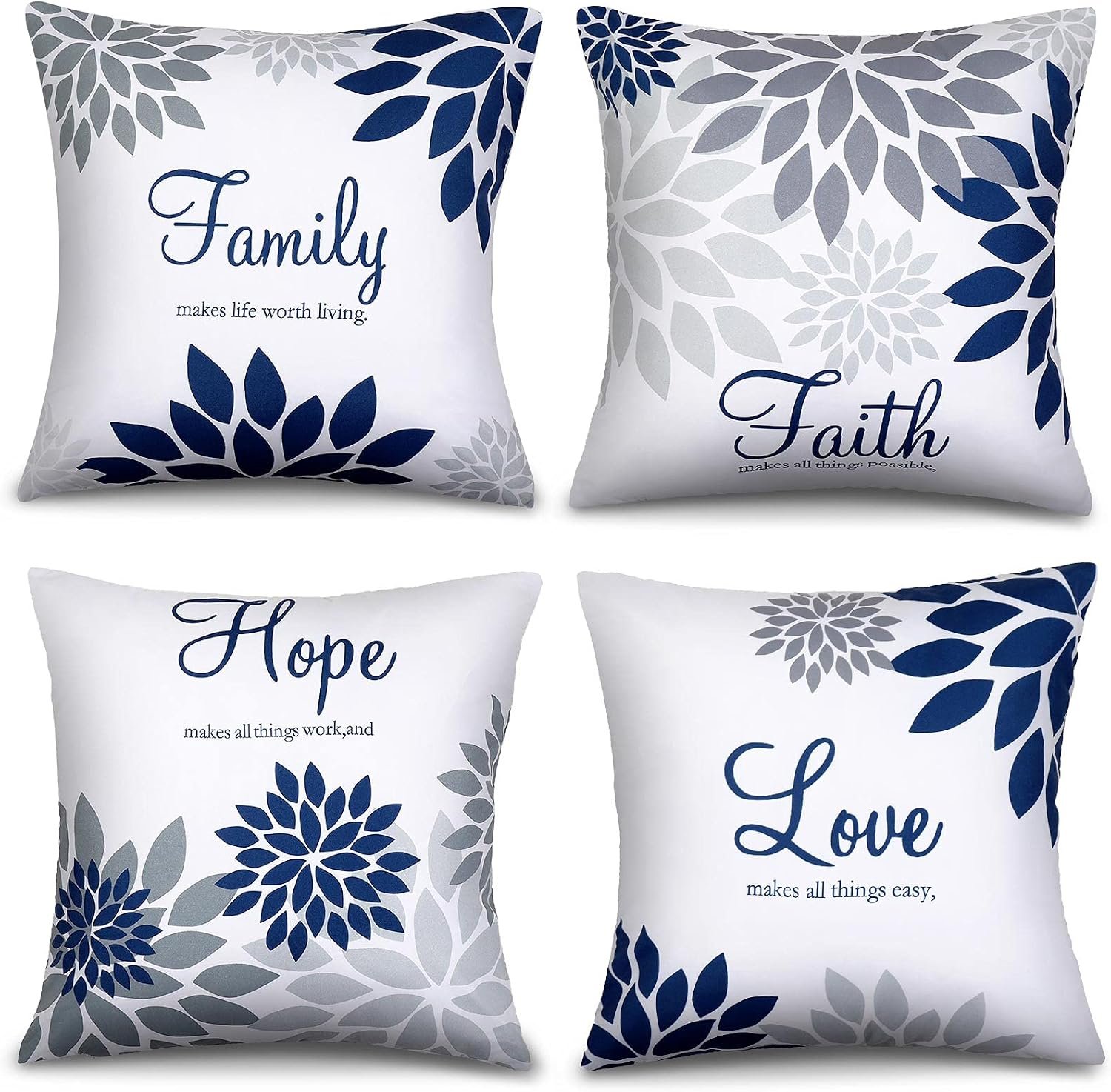 Tatuo 4 Pcs Flower Pillow Covers Square Summer Pillow Cushion Cases 18 x 18 Inch Family Faith Hope Love Words Decorative Spring Winter Cushion Case for Bed Couch Sofa Living Room(Gray Series)