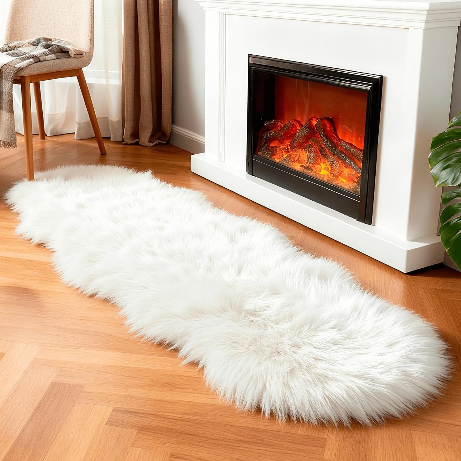 linmopm Faux Fur Sheepskin Fluffy Shag Fuzzy Rug, White, 2×6 ft Runner | High-Density Cushion, For Bedroom Bedside Living Room Sofa Cover Floor , Plush Carpet