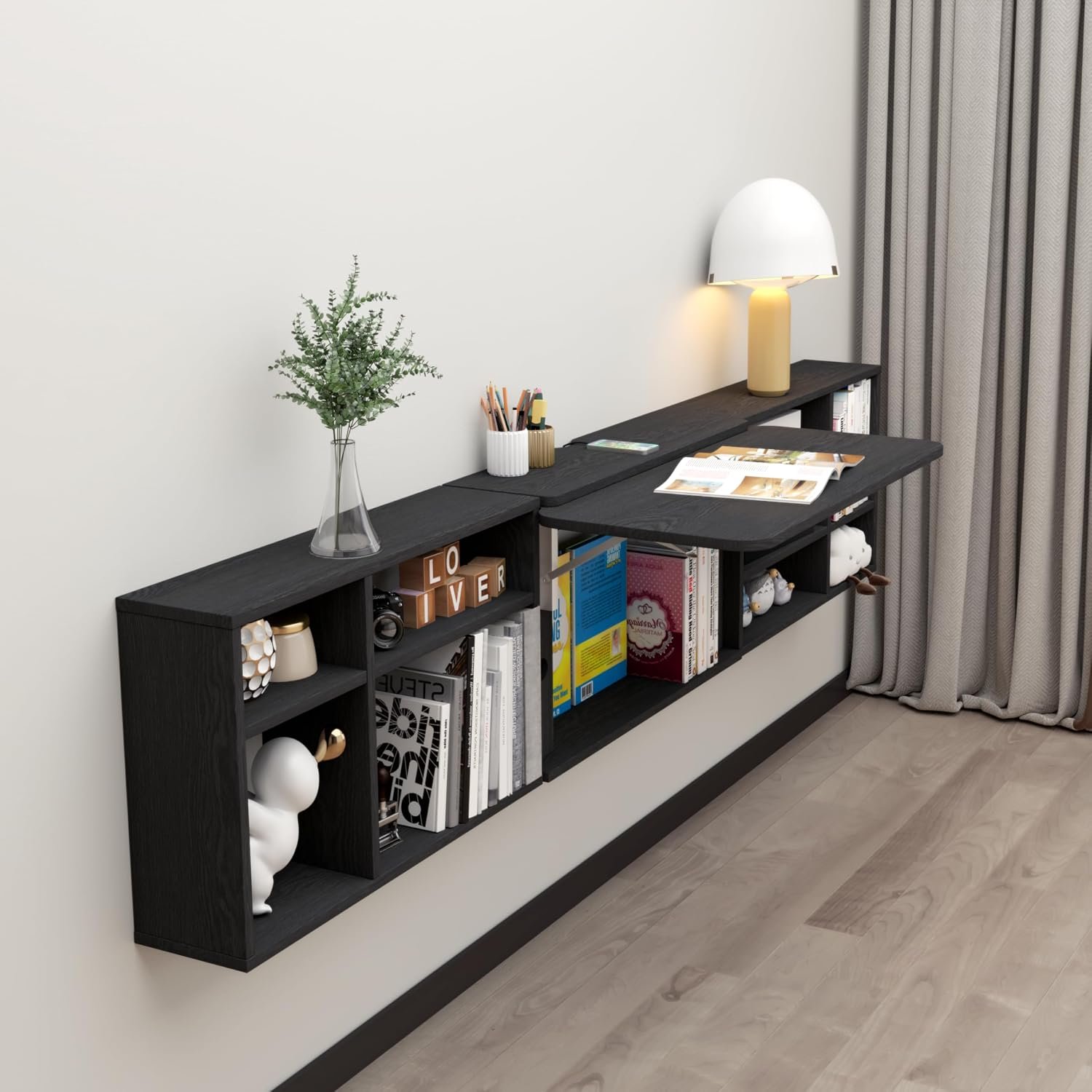 Floating Desk with Storage Shelves, 82” Wall Mounted Desk Laptop Writing Study Table, Folding Drop Leaf Table, Multifunctional Computer Workstation for Narrow Small Space