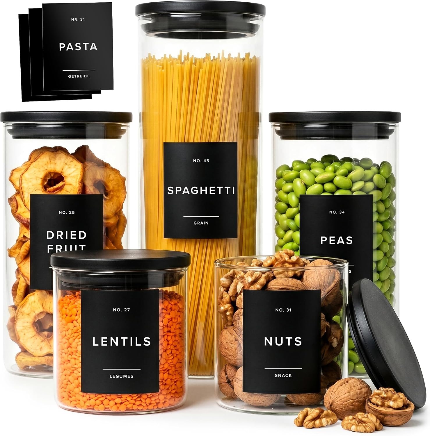 EDELHAUS Glass Storage Containers with Black Lids [Extra Thick Glas] with 54 Labels – Canister For Pantry Noodles Flour Cereal Rice Sugar Tea Coffee Beans – Round Set of 5x