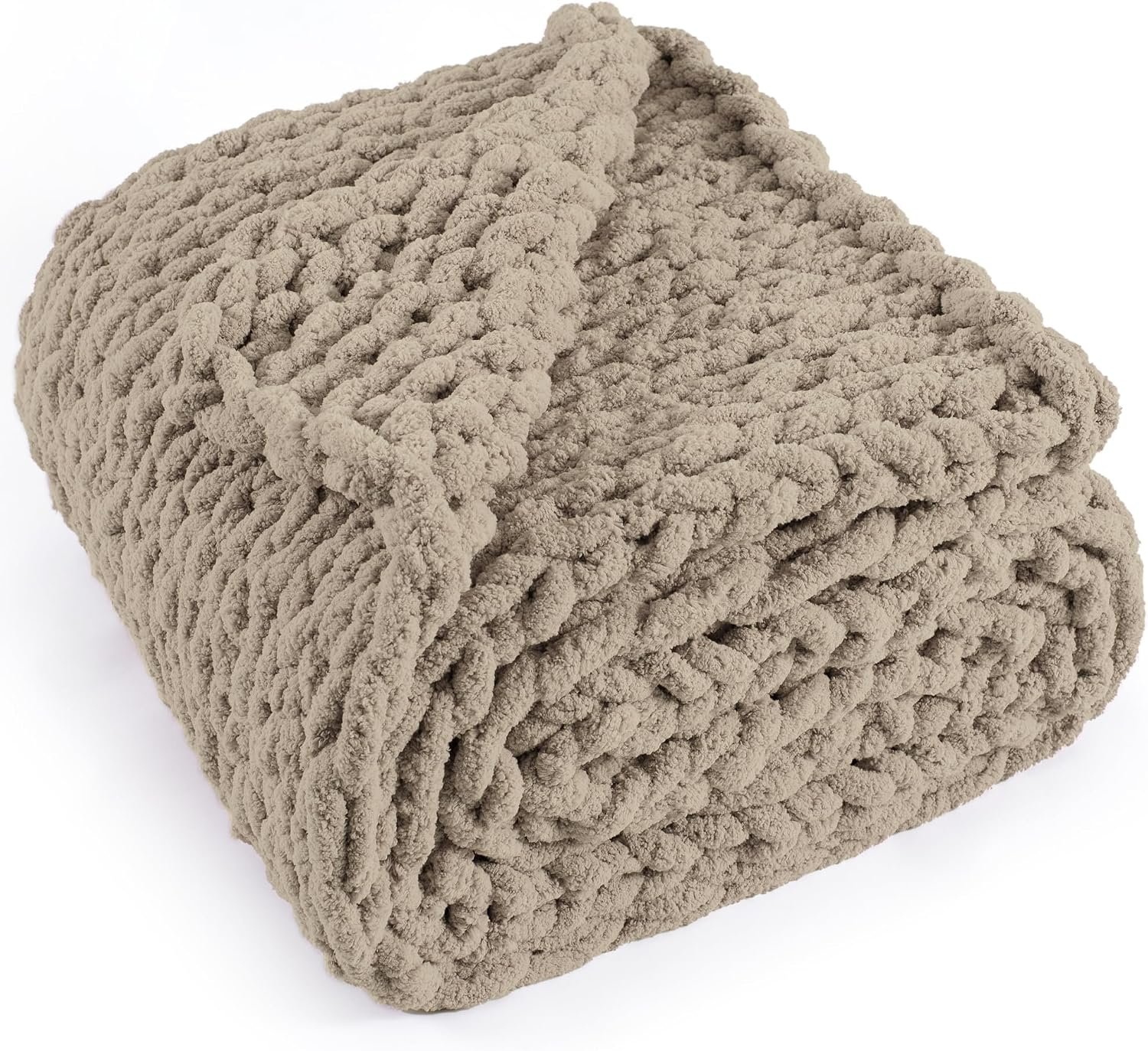 Chunky Knit Throw Blanket 50×60, 100% Handmade Chenille Yarn | 4.4lbs Soft Thick Cable Knitted Blankets, Large Rope Knot Crochet Throws for Couch Sofa Bed Machine Washable, Taupe