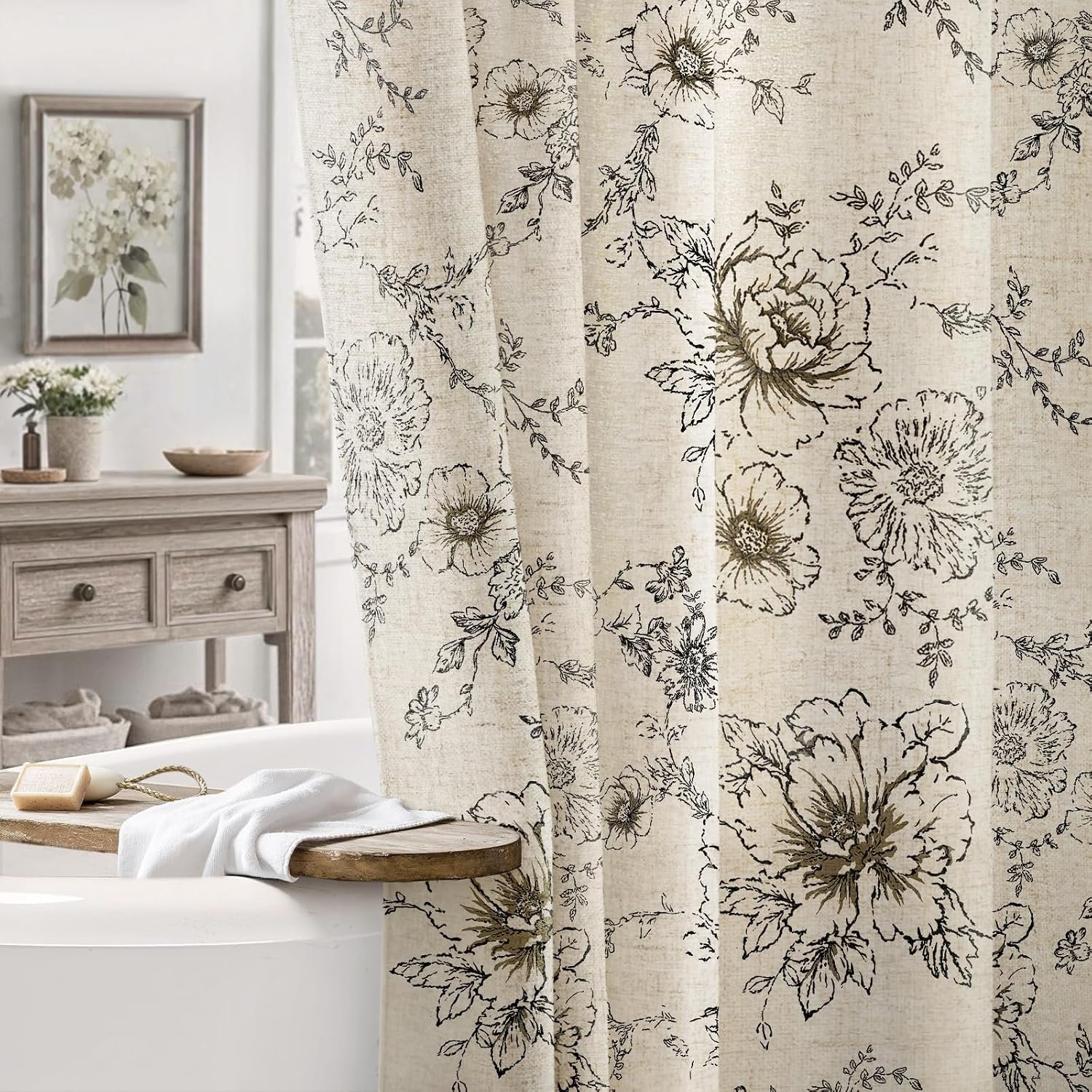 Farmhouse Floral Vintage Shower Curtain, Black Linen Pattern Shower Curtains for Bathroom, Tan Taupe,72×72