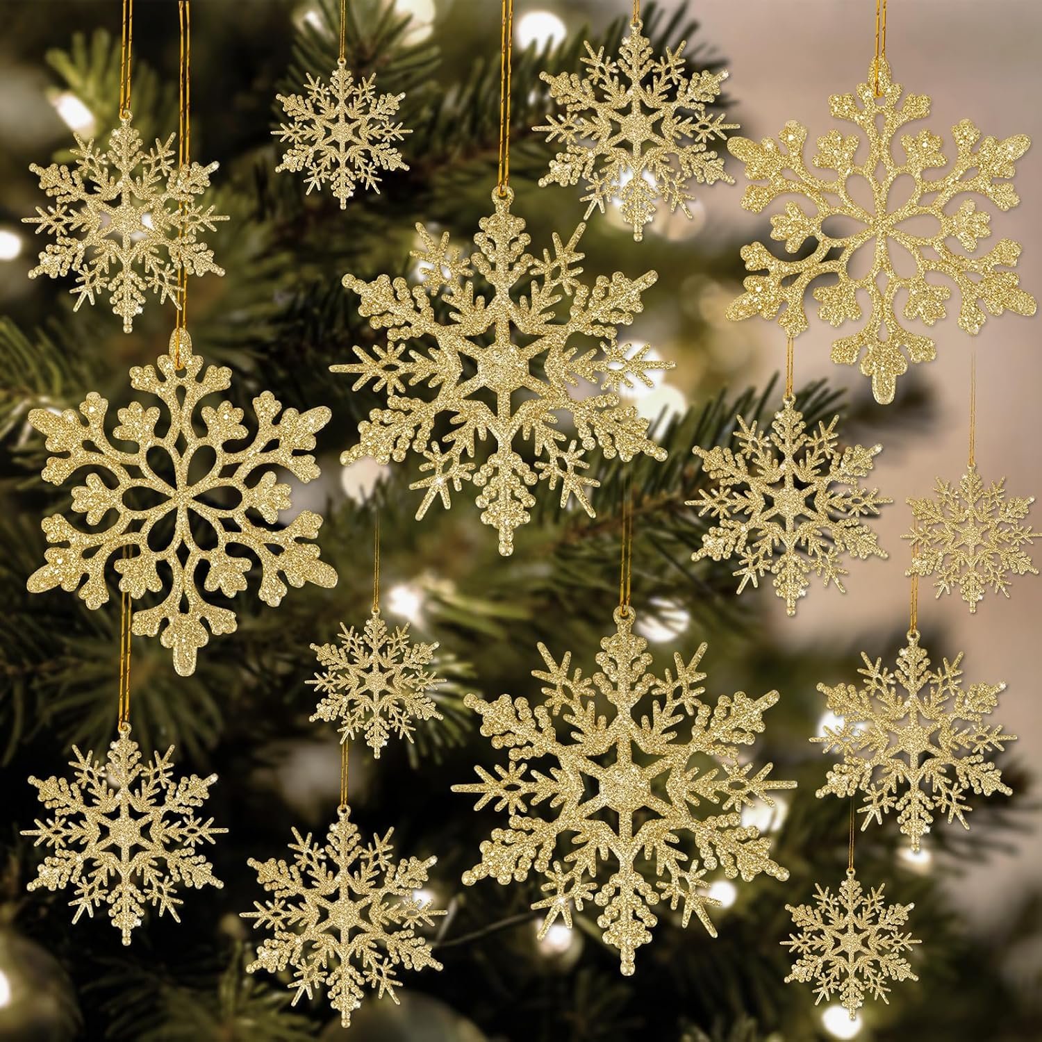 Miucat 42pcs Gold Snowflake Ornaments – Christmas Tree Decorations, Hanging Snowflake Decorations, Plastic Glitter Snow Flakes for Christmas, Winter, Party