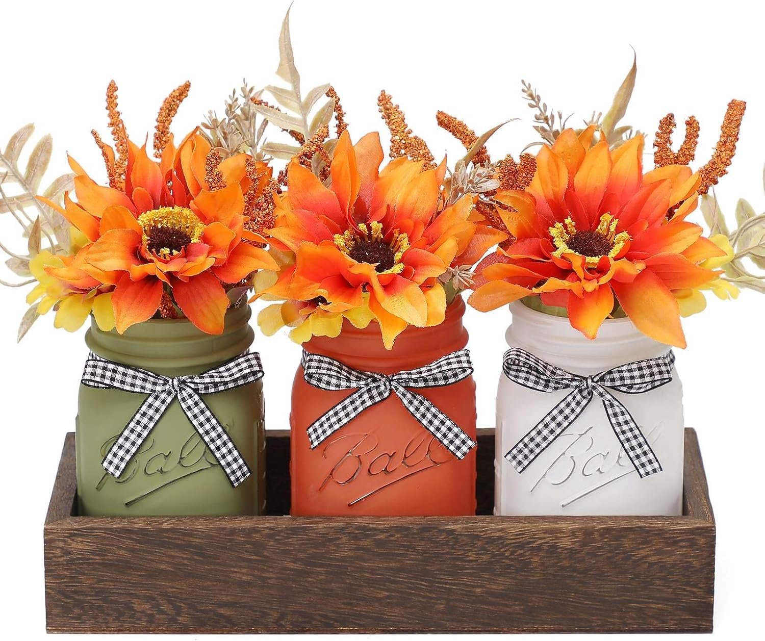 Thanksgiving Mason Jar Centerpiece for Table with Artificial Flowers, Set of 3 Fall Mason Jars Farmhouse Decor Decorative Jars for Thanksgiving Home Decor, Thanksgiving Dinner Table Centerpiece
