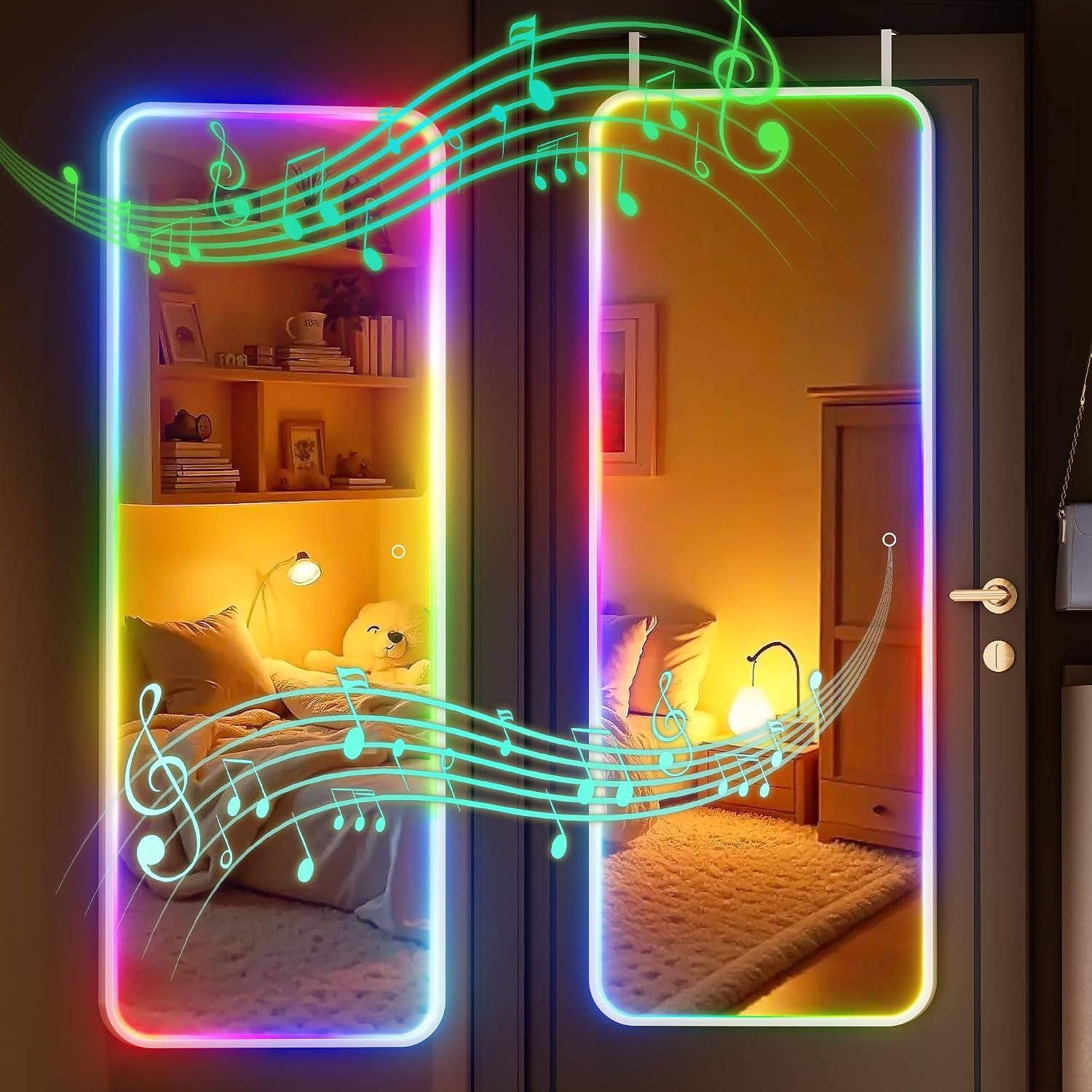 Hasipu 43″x16″ LED RGB Bluetooth Door Mirror Full Length, Full Body Full Length Over The Door Mirror with Lights, Door Hanging & Wall Mounted Mirror for Bedroom, Living Room, Cloakroom