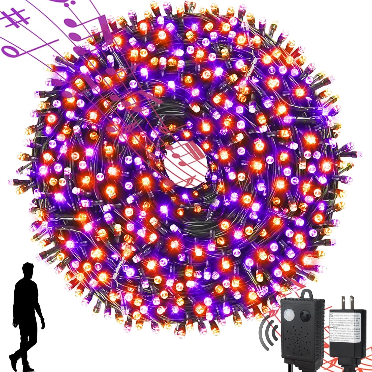 MZD8391 Motion Sensor Spooky Music Halloween Decorations Lights for Indoor/Outdoor, 108FT 300LED String Lights, Orange & Purple 2 Colors in 1 Waterproof Decor for Tree Party