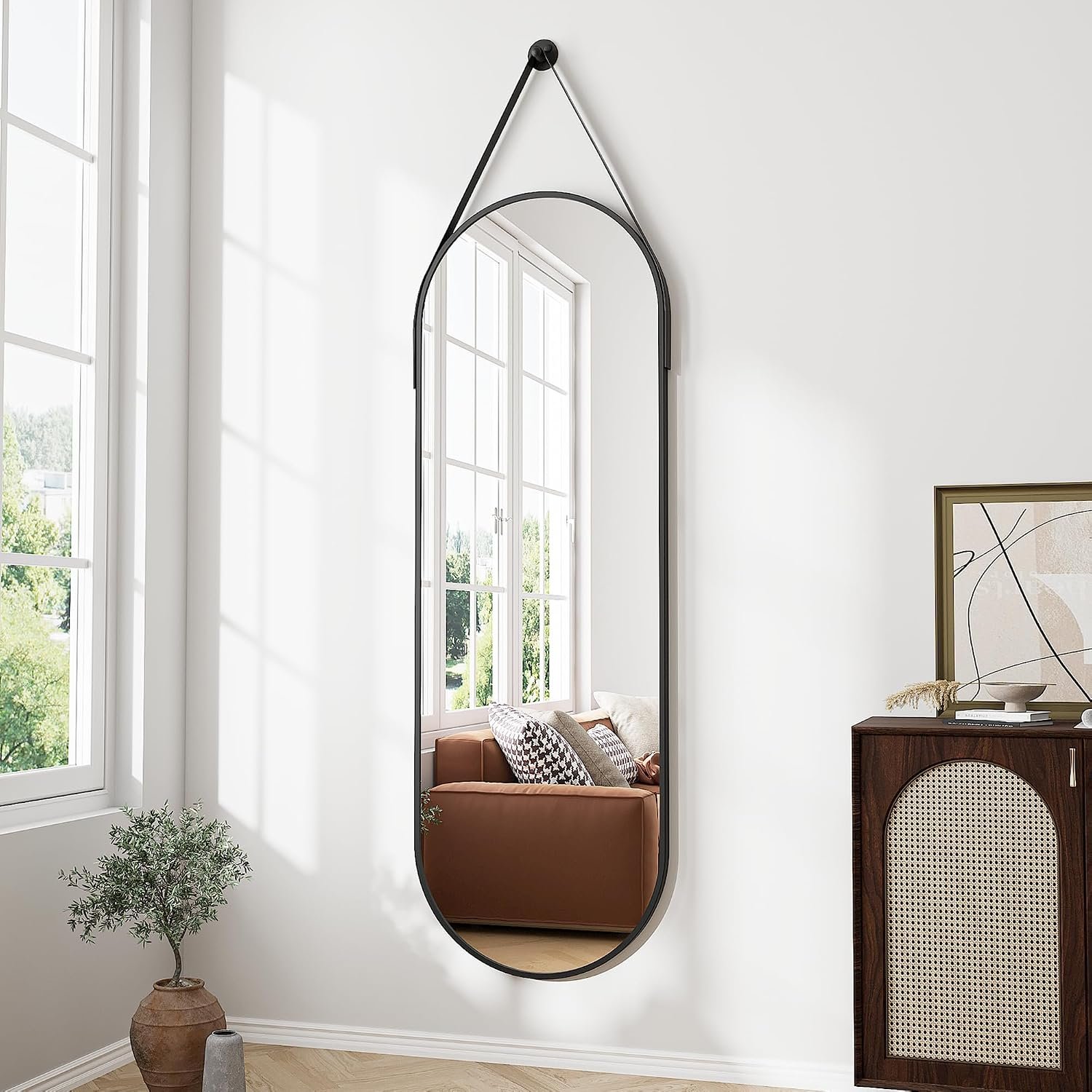 Full Length Mirror, Oval Wall Mounted Mirror, 48″x16″ Door Mirrors Full Length with Hanging Leather Strap with Aluminum Frame for Bathroom Living Room Entryway (Black)