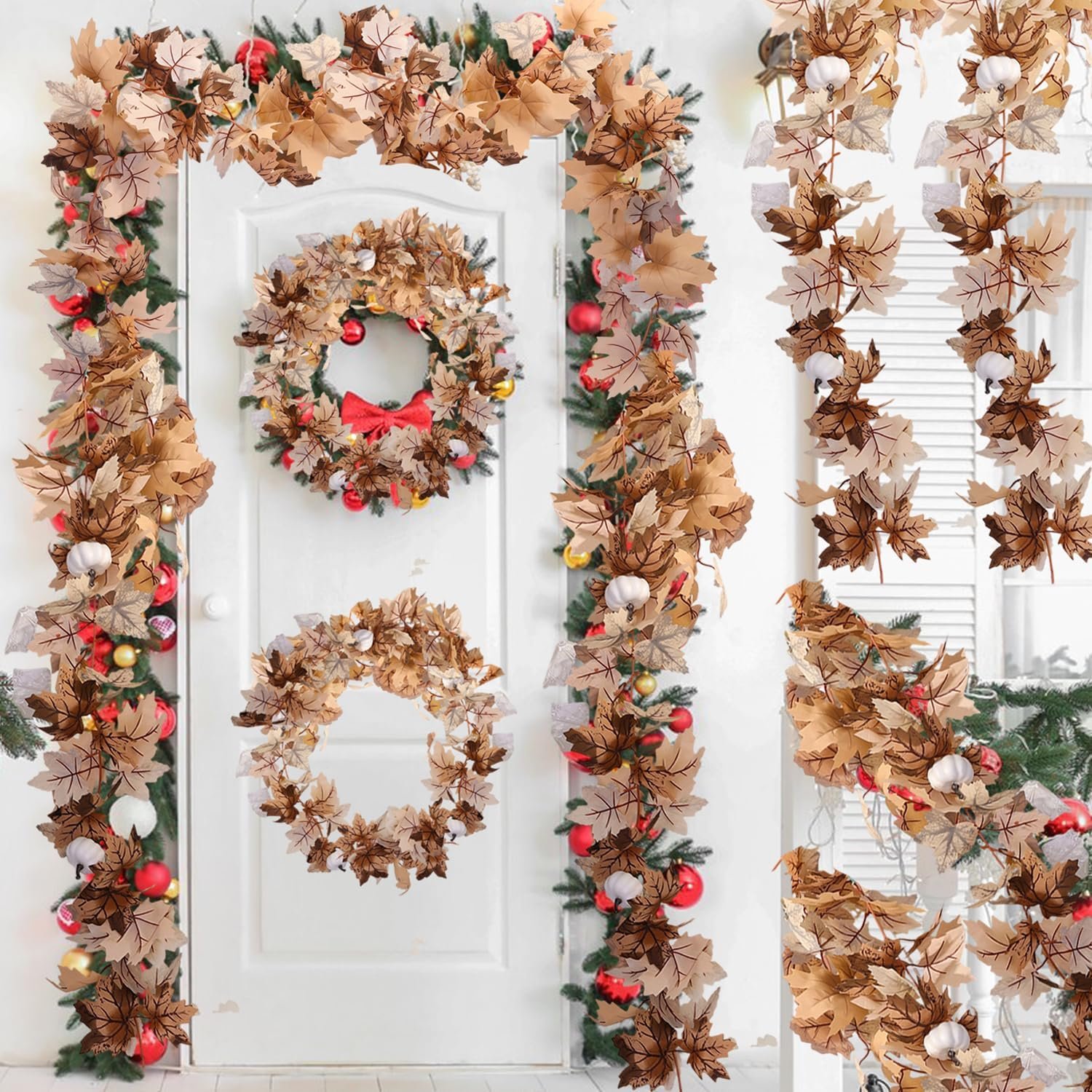 175cm Autumn Maples Leaf Pumpkin Berry Garland – Thanksgiving Halloween Mantle Fireplace Farmhouse Harvest Decorations for Home Outdoor Indoor Porch