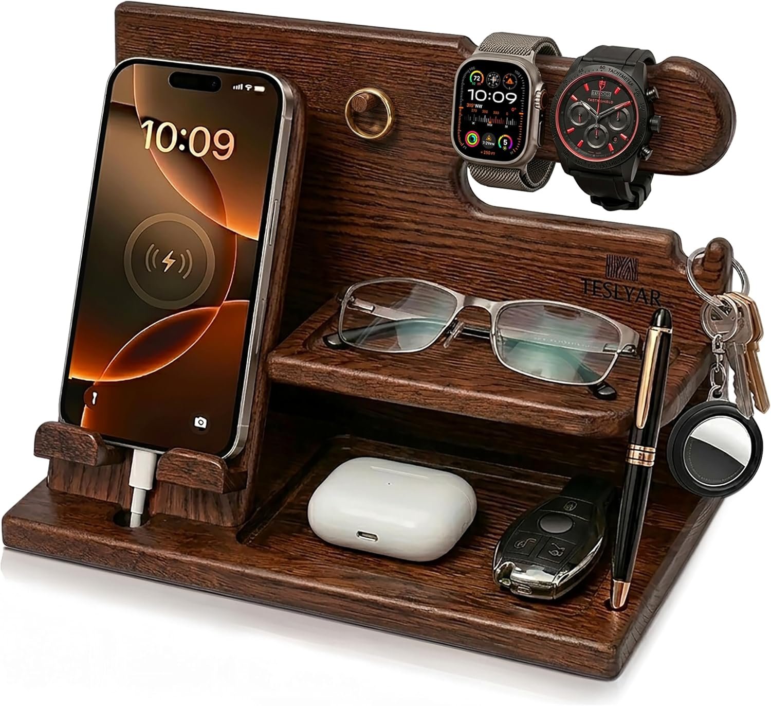 TESLYAR Wood Phone Docking Station for Men – Desk or Nightstand Organizer – Birthday Gifts for Husband, Dad – Anniversary Idea from Wife – Key Holder, Stand Wallet, Watch & Essentials (Bourbon Brown)