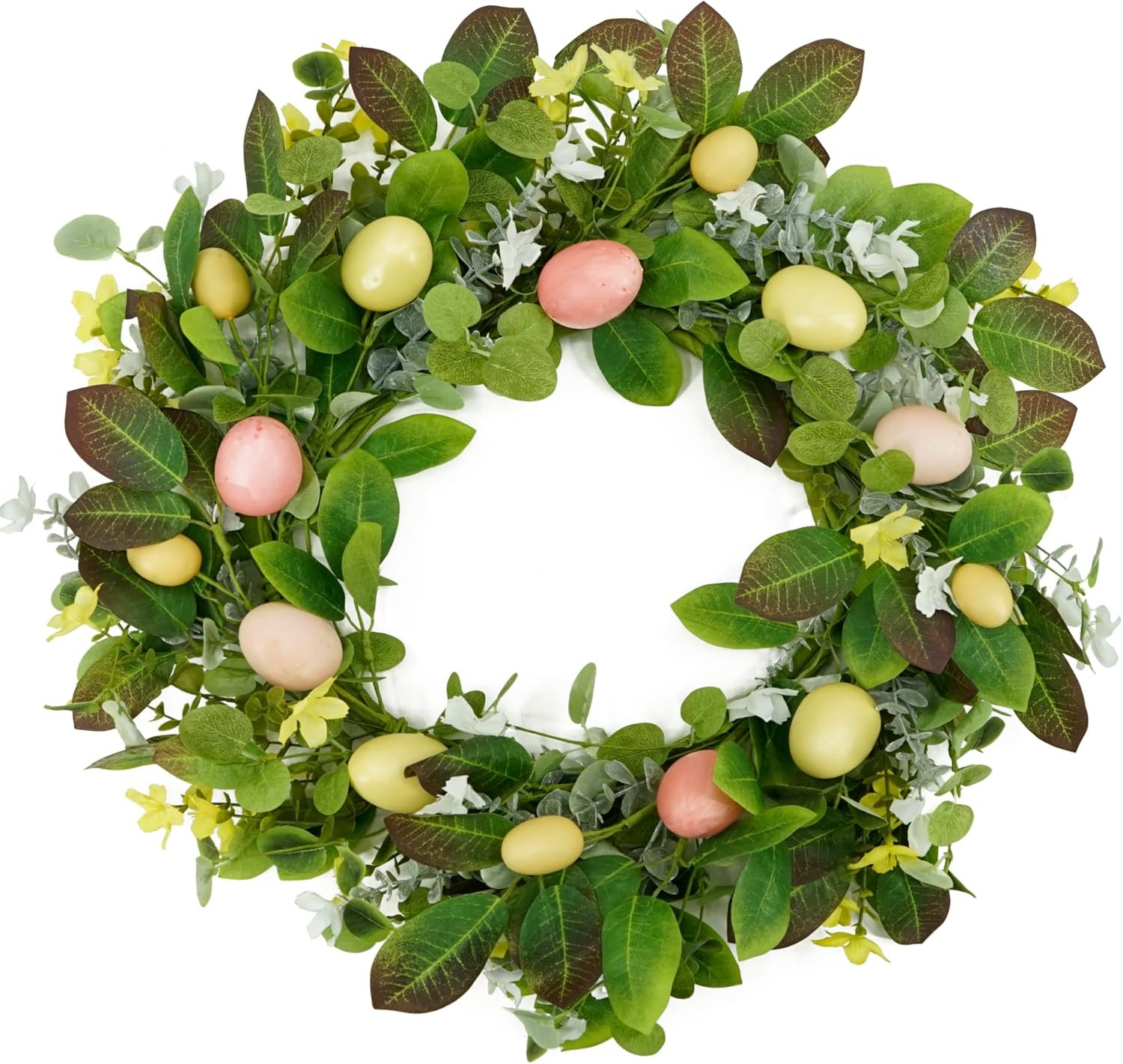 WreathDream Artificial Easter Wreath Spring Door Wreath with Colorful Eggs,Flowers,Eucalyptus Leaves,Mix Leaves for Front Door Farmhouse Indoor Outdoor Festival Home Decor