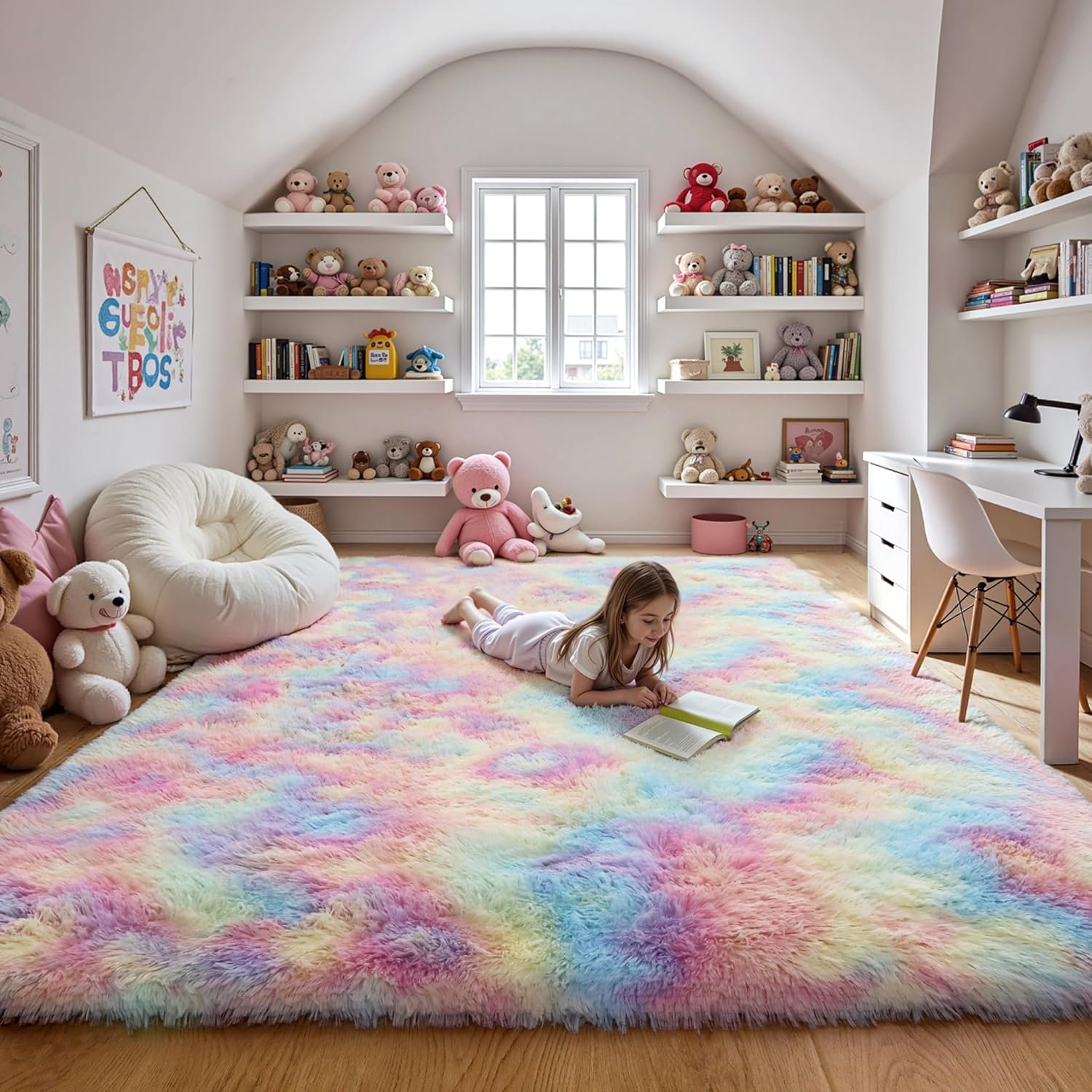 Fluffy 8×10 Large Area Rugs for Girls Bedroom Living Room, Rainbow Soft Washable Shag Carpet for Kids Room, Nursery, Dorm Decor, Colorful Cute Plush Fuzzy Rugs for Baby Toddler