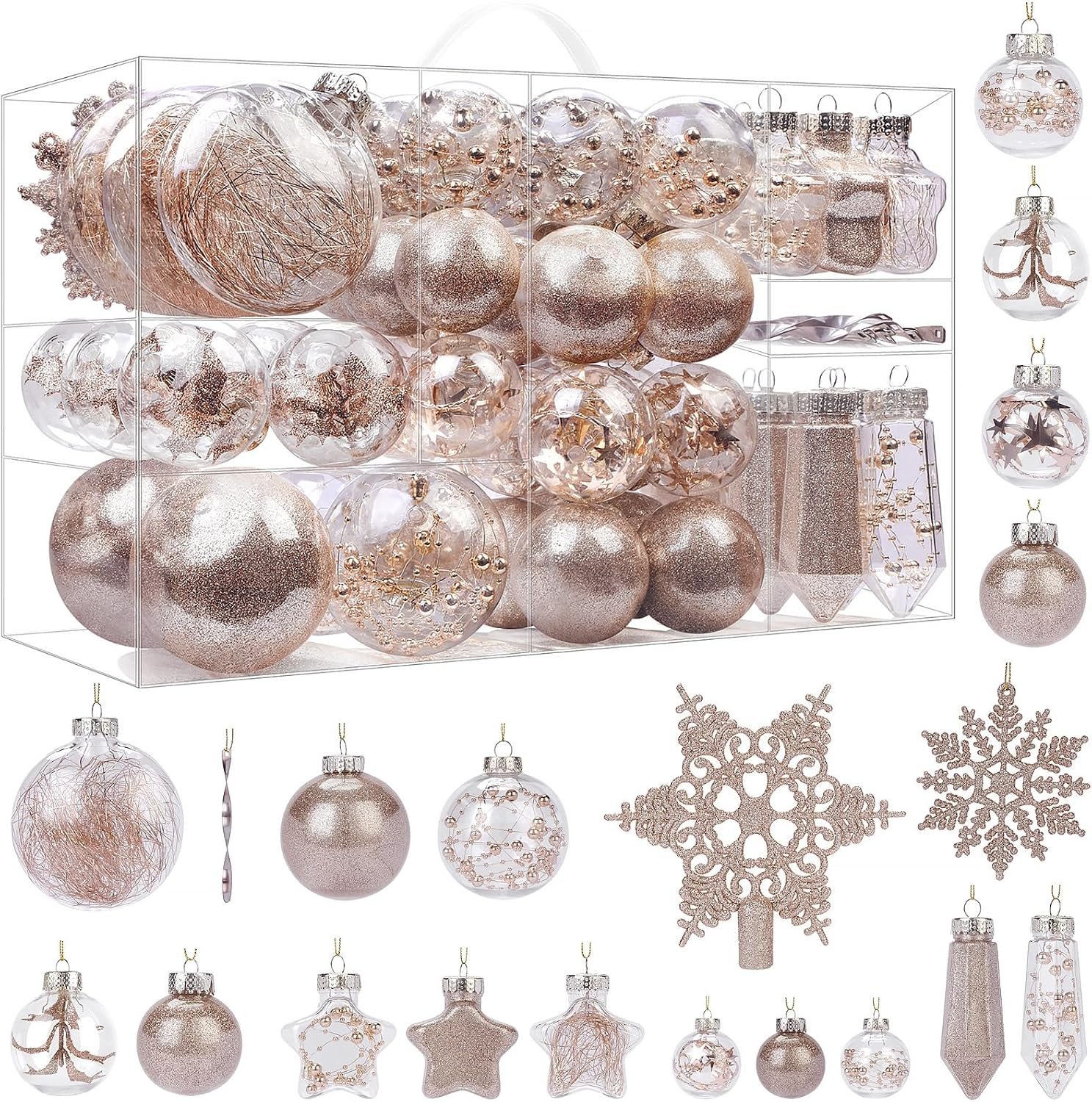 SHareconn 86PCS Christmas Tree Ornaments Clear Set,Shatterproof and Clear Plastic Baubles for Xmas Tree Decor, Holiday Wedding Party Decoration,Champagne
