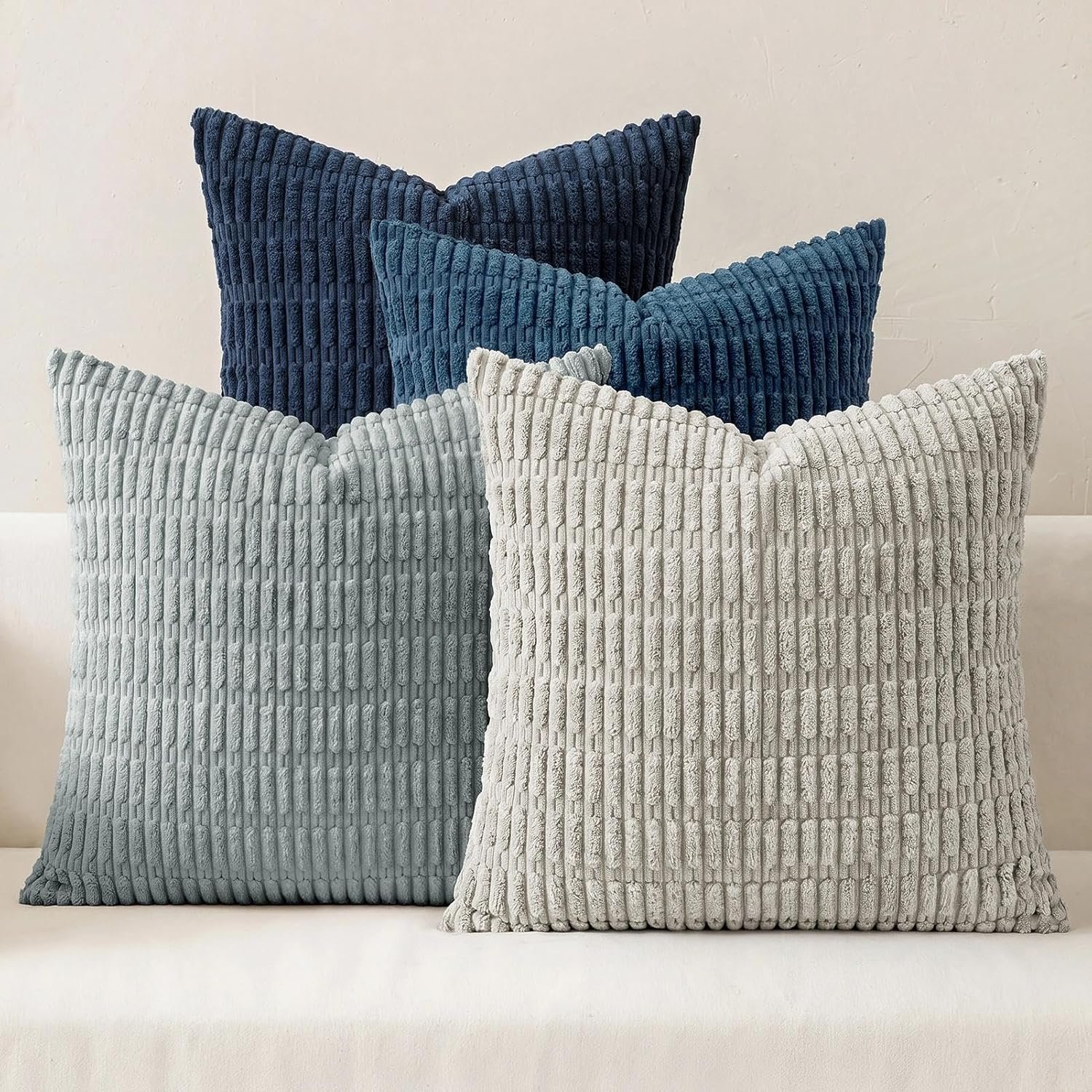 Softalker Throw Pillow Covers 18×18 Inch, Set of 4, Corduroy Soft Striped Farmhouse Boho Pillow Cover, Modern Decorative Cushion Pillow Case for Couch Sofa Bedroom Living Room, Grey/Blue