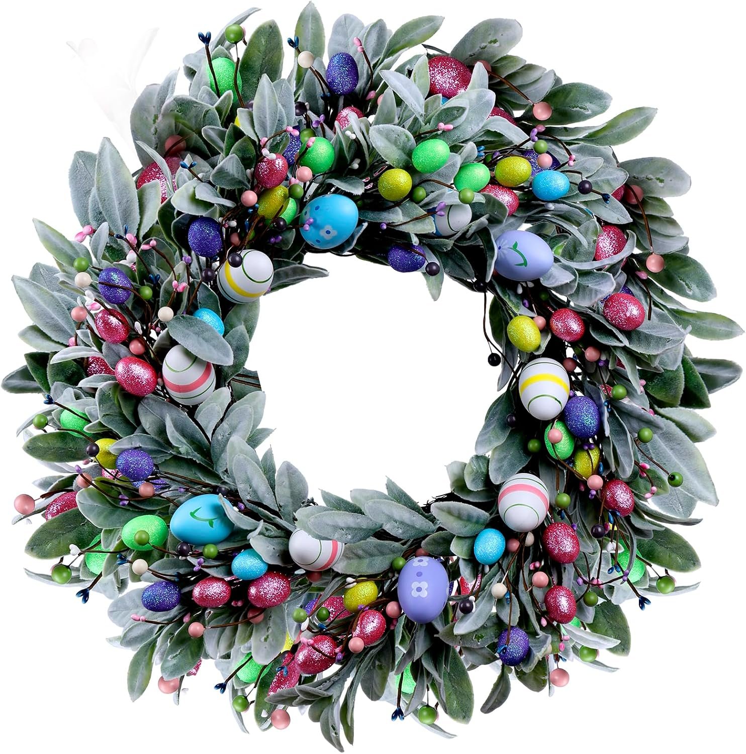 22” Easter Wreaths for Front Door, Spring Door Wreath with Pastel Eggs, Glitter Eggs, Berries & Silk Lambs Ear Leaves, Artificial Easter Decor Garland for Indoor Outdoor Porch Wall Home Decorations