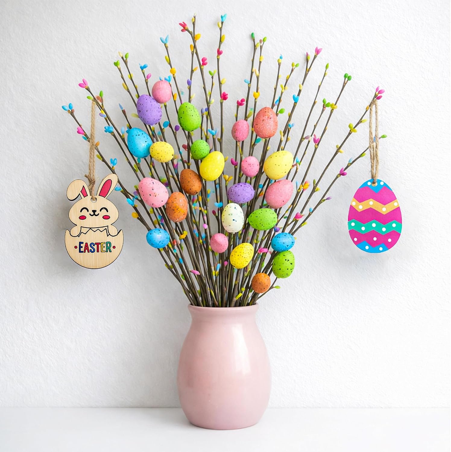 Artificial Easter Spray Vine with Pastel Easter Eggs and Berries, Wooden Eggs, Wood Rabbit & Happy Easter Ribbon, Easter Egg Twig Branches for Spring Floral Stems Home Decoration