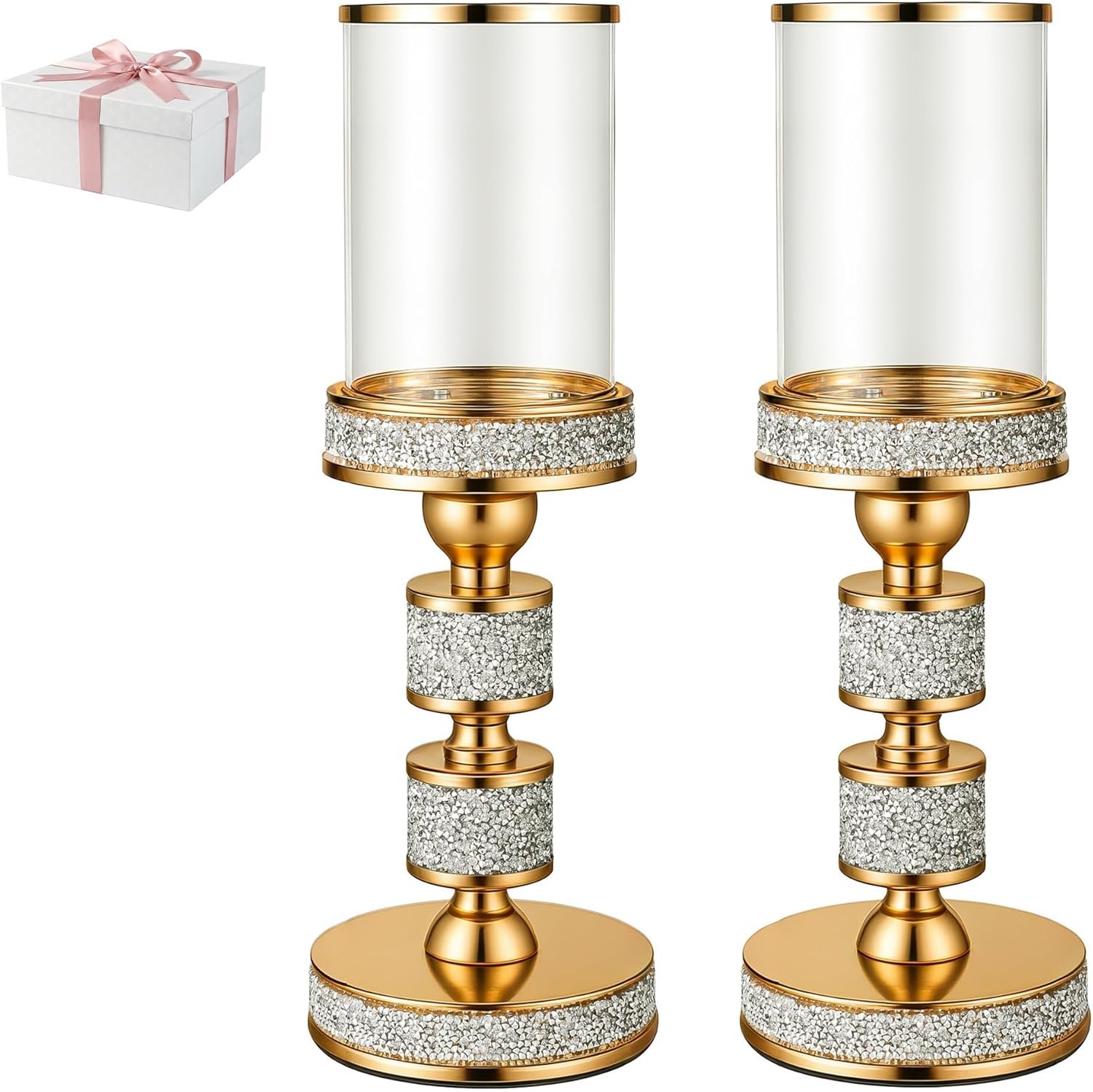 Hurricane Candle Holder, 13.5″ Tall Metal Candle Stand, Glass Pillar Candle Holders, Crystal Gold Decorative Centerpieces for Table, Wedding and Dining Room (Fits Candles up to 3″x5″, 2pcs, M)