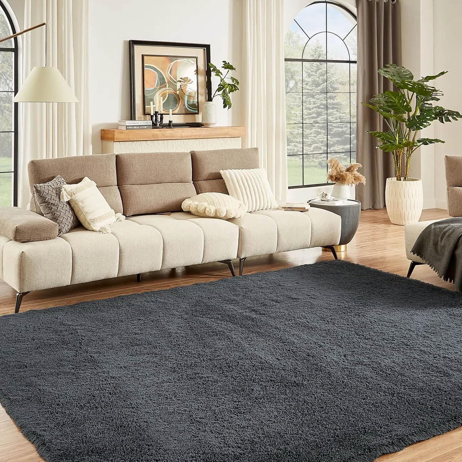 Floralux Area Rugs 9×12 Living Room, Dark Grey, Large Shag Rug Bedroom Rug, Ultra Soft Shaggy Fluffy Carpet for Playroom, Plush Modern Carpets for Kids Room, Dorm Home Decor Aesthetic