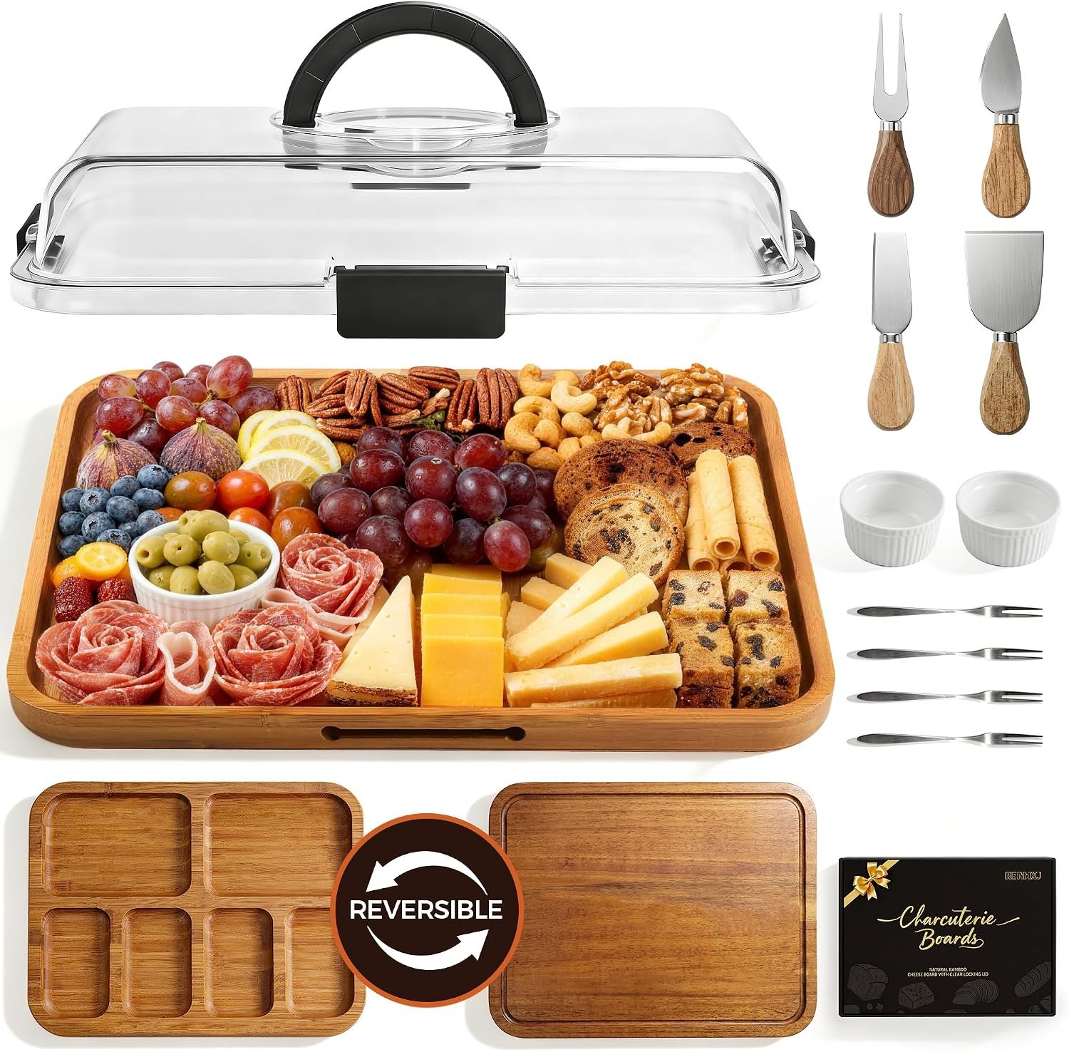Renmxj Portable Charcuterie Board with Lid, Carbonized Bamboo, Knife Set | Double-Sided Locking Design, Cheese, veggie & Snack Serving Tray, Great for Picnics & Housewarming Gifts