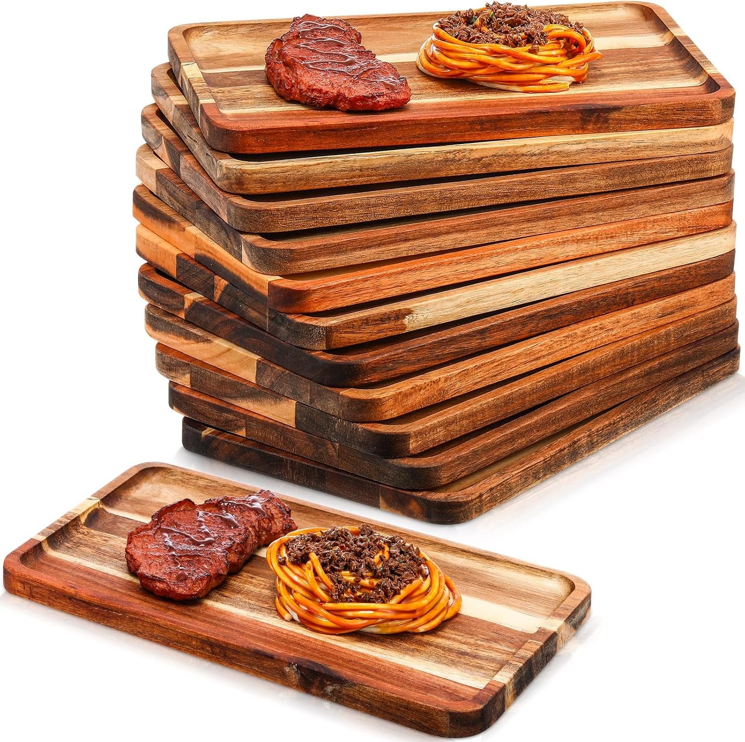 Roshtia 12 Pcs Acacia Wood Serving Tray Rectangular Wooden Serving Platter Christmas Dinner Plates Wood Cheese Charcuterie Board for Food Vegetable, Charcuterie, Appetizer (8” X 12” X 0.6”)