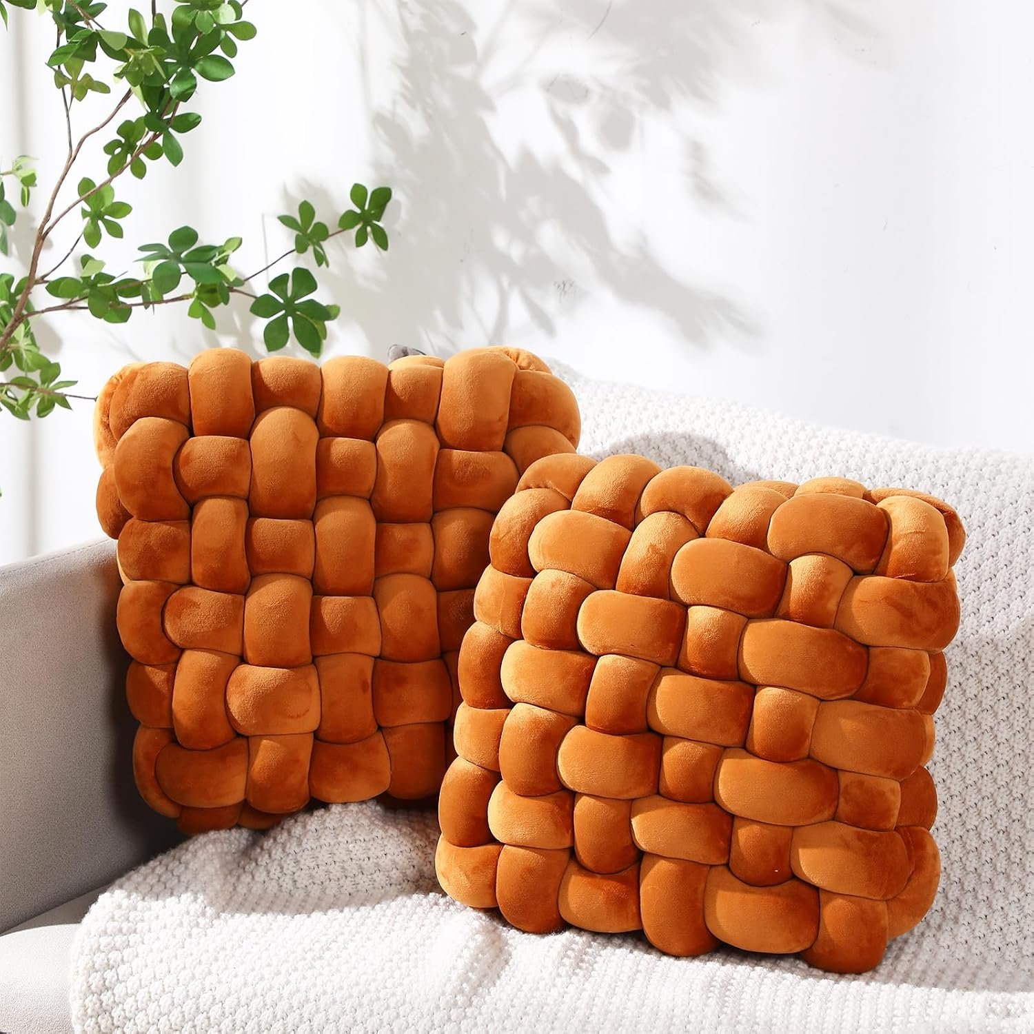 Wenqik 2 Pcs Knot Pillows Square Knotted Plush Throws Soft Accent Pillows Decoration Cushion for Couch Home Office Living Room Bedroom Bed Sofa Decor, 12” x 13”(Caramel,Crystal Velvet)