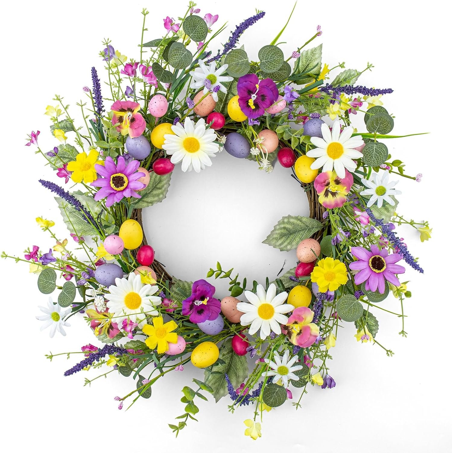 Artificial Easter Wreath 22 Inch Easter Wreaths for Front Door Colorful Egg Wreath with Flowers Green Leaves for Spring Summer Wall Porch Farmhouse