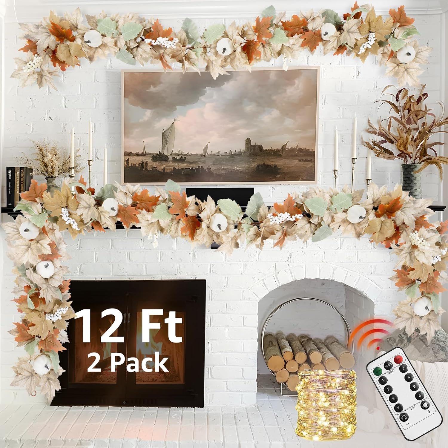 Neutral Fall Garland for Mantle Fireplace – 2 Pack Total 24Ft Outdoor Autumn Leaves Decor for Home Front Door with Pumpkins Indoor Maple for Farmhouse Stairs Porch Halloween Thanksgiving Decorations