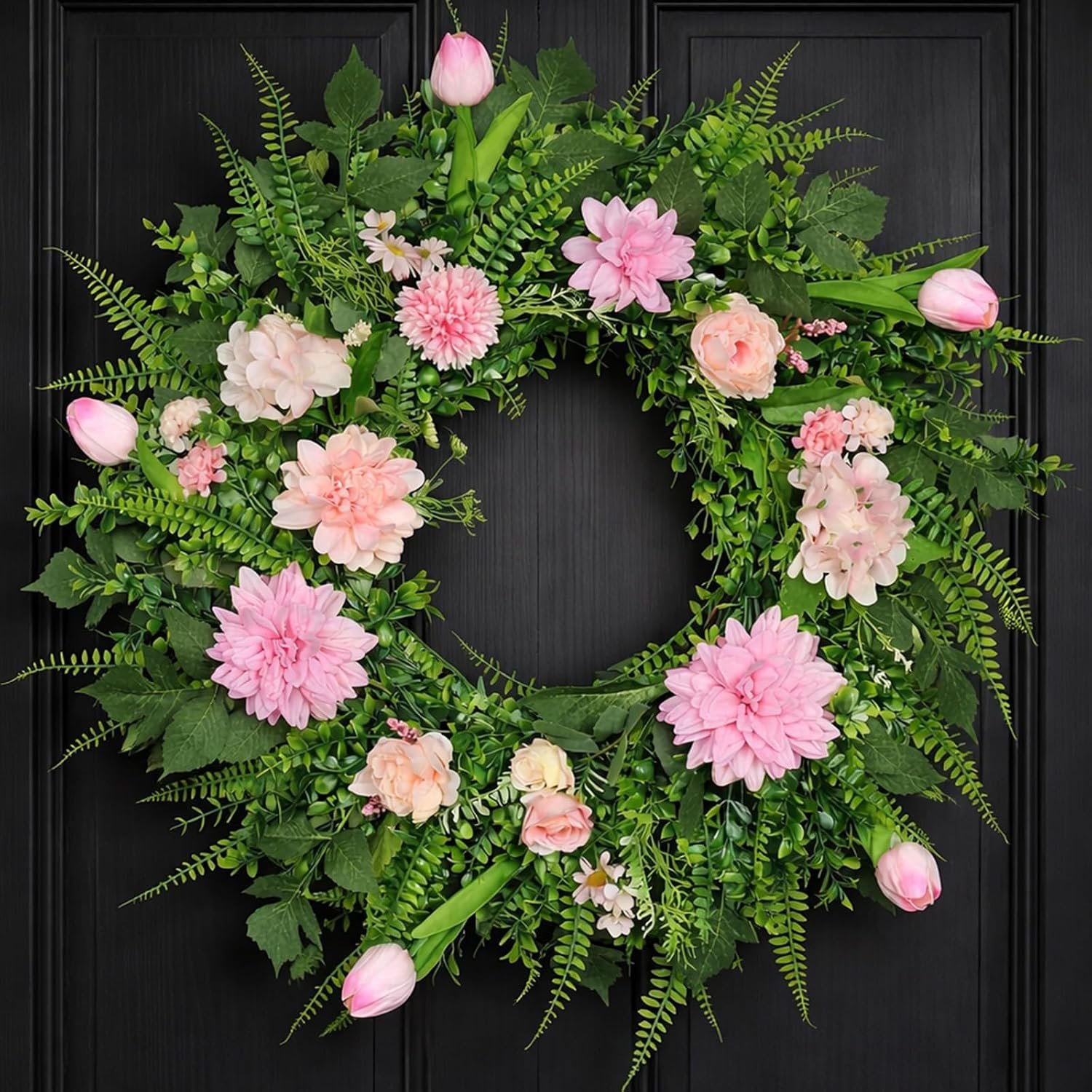 24 Inch Spring Wreath for Front Door, Pink Floral Wreath with Artificial Tulips, Dahlias & Eucalyptus, Hydrangeas and Peonies, Flower Wreath with Gift Box for Home Decorations