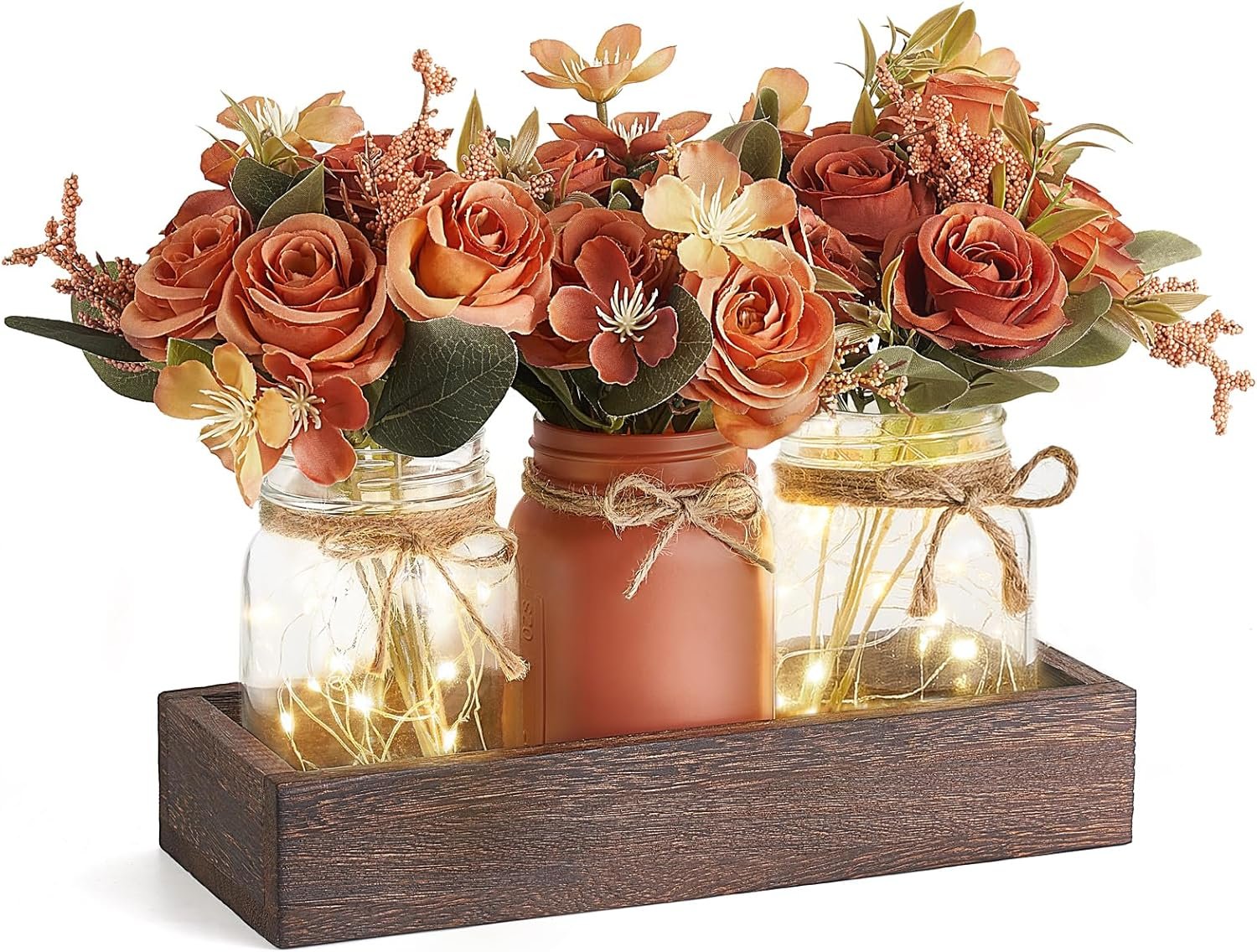Mkono Mason Jar Lights Centerpiece Table Decor for Dining Room Farmhouse Wood Tray with 3 Jars Flowers Fall Decoration for Coffee Table Kitchen Living Room Wedding