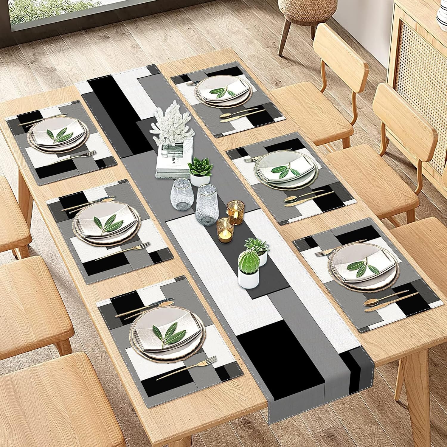 ArtSocket Geometric Table Runner and Placemats Set of 6, White Black Grey Abstract Painting Art Dining Decor for Daily Use(1 Table Runner 72 inches Long and 6 Placemats)