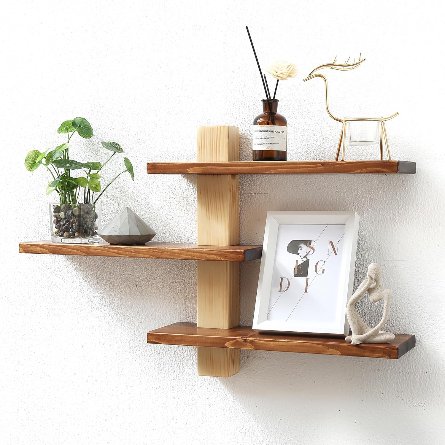 GRID FORTE Wood 3-Tier Floating Shelf, Large Minimalist Wall Shelves | Solid Wood, Mid Century, Modern, Easy Assembly, Wall Hanging, Floating, Art Deco, Plant Rock Crystal Shelving