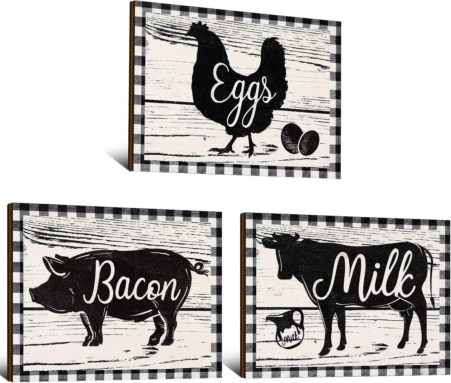 Jetec 3 Pieces Wooden Farmhouse Wall Decor Cow Pig Chicken Kitchen Signs Rustic Black and White Buffalo Plaid Wall Art Farm Animal Plaque for Kitchen Home Decor, 7.9 x 5.9 Inch