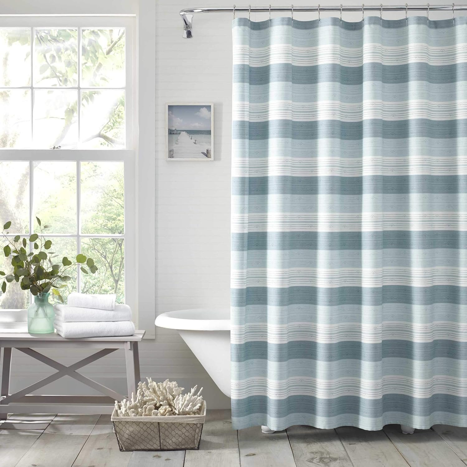 Tommy Bahama – Fabric Shower Curtain, Stylish Striped Bathroom Decor, Hook Holes Top (Hula Beach Blue, 72″ x 72″)