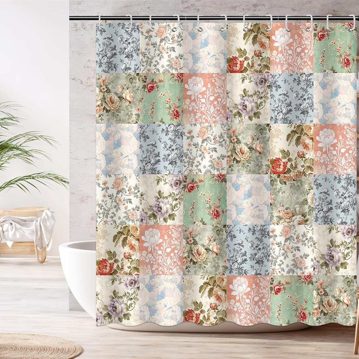Shower Curtains for Bathroom, Boho Shower Curtain, Vintage Boho Pink Floral Bathroom Decor Bath Curtain, Mid Century Waterproof Retro Farmhouse Patchwork Floral Shower Curtain, 72 X 72 Inches
