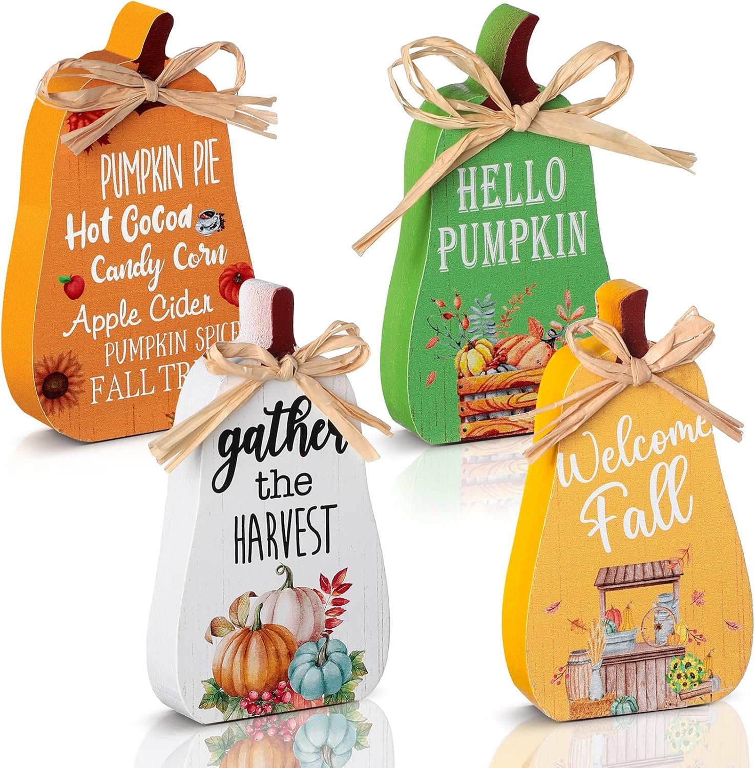 Jetec 4 Pcs Fall Decorations for Home, Thanksgiving Wooden Pumpkin Table Decor, Farmhouse Autumn Decor for Tiered Tray, Mantel, Kitchen Counter, Dining Table and Office