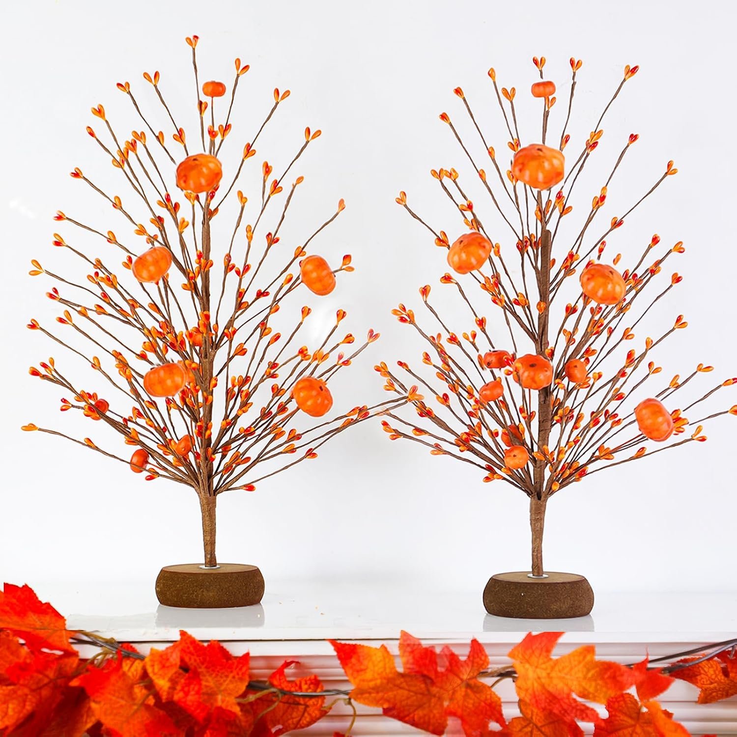 TURNMEON Fall Decor 2 Pack Artificial Fall Tree with Pumpkins and Berries, Fall Decorations for Home, Autumn Tree Thanksgiving Table Decor for Indoor Outdoor Home Party, 15 Inch Orange