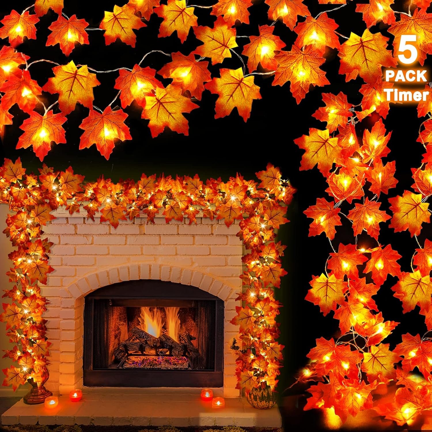 Timer – 5 Pack Fall Decor Fall Garland Lights Total 100LED 50Ft Enlarged Maples Leaf Garland String Lights Battery Operated Autumn Garland Thanksgiving Decorations for Home Indoor Halloween Christmas