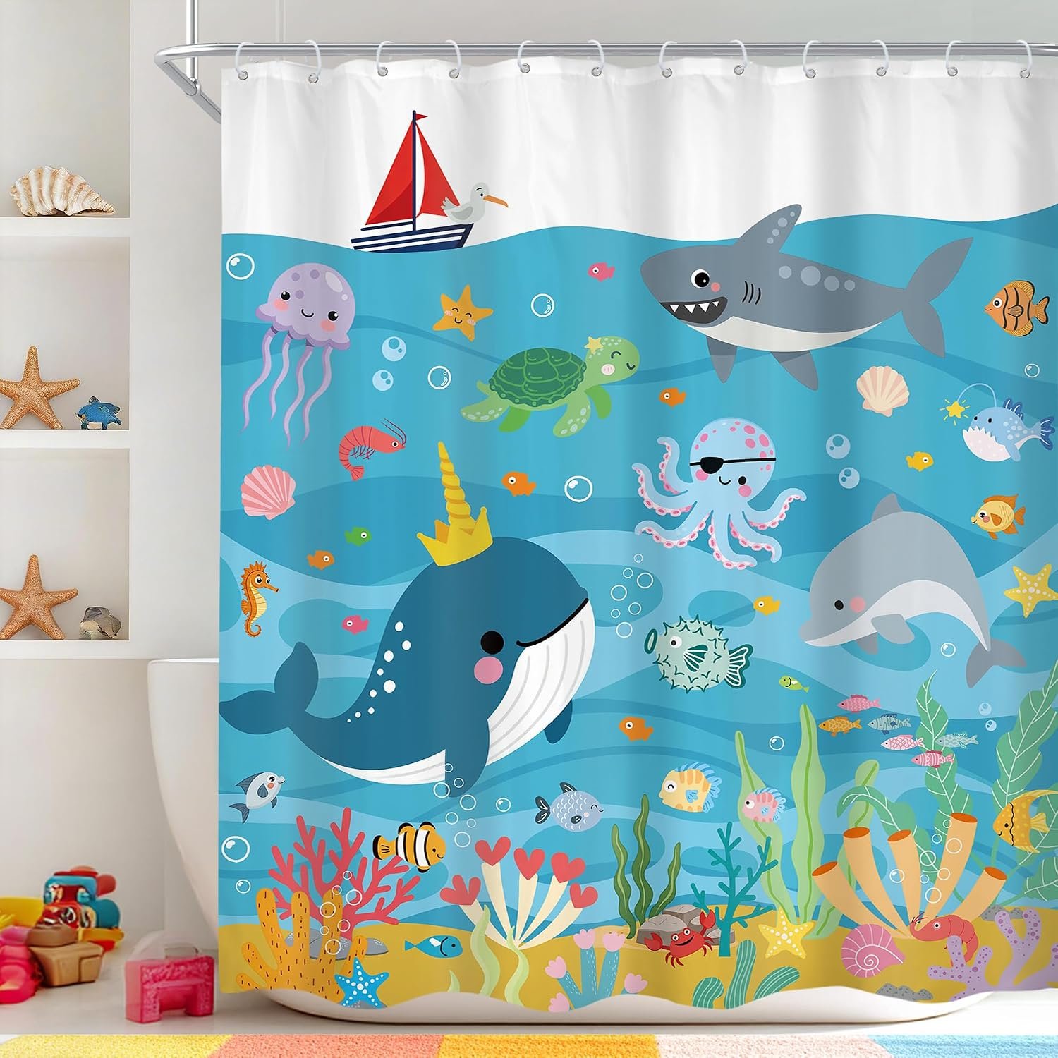 Kids Fish 72Wx72H Shower Curtain Fun Cartoon Whale Cute Blue Sea Ocean Shark Octopus Sealife Underwater Beach Summer Lovely Bathroom Curtain Set Girls Boys Bath Bathroom Accessories Decor