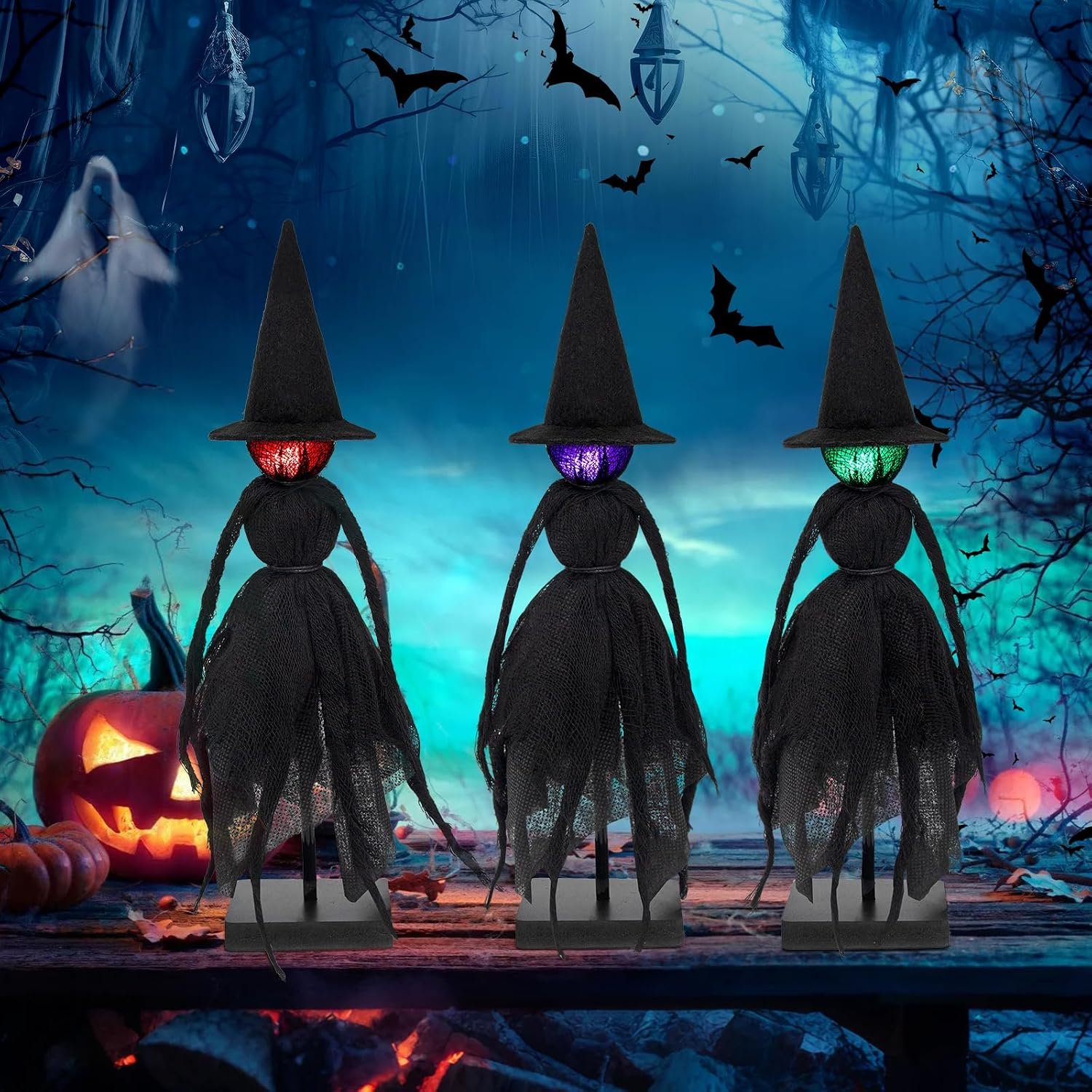 Halloween Decorations Indoor, Set of 3 Primitive Witch with Hats, Spooky Halloween Witch Figurines with 3 LED Colors for Mantel, Shelf & Tabletop Decor Collectible Figurines