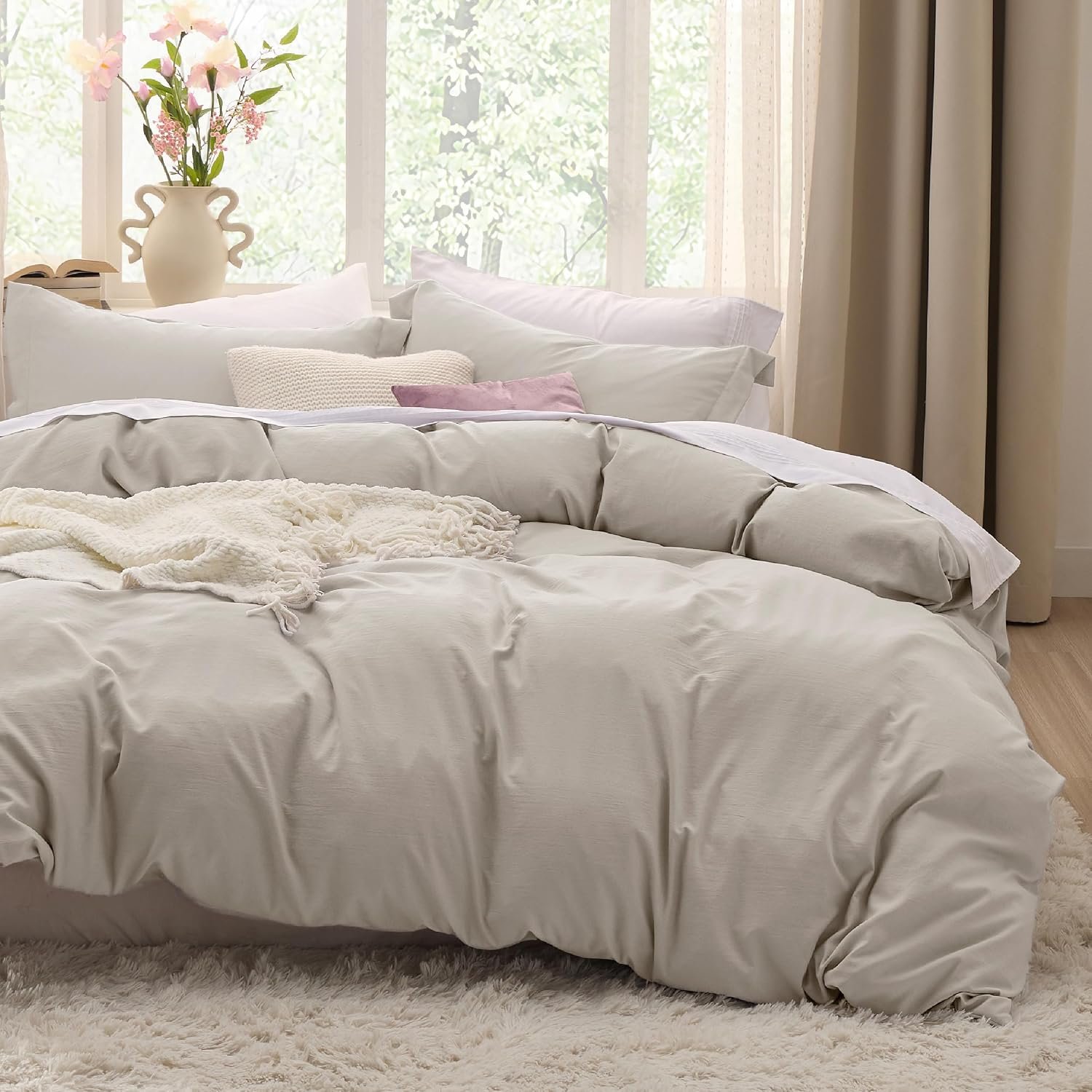 Bedsure Duvet Cover King Size-3 Pieces Prewashed 100% Polyester -Like Extra Soft Bedding Set, Includes 1 Duvet Cover 104×90 Inches with Zipper Closure & 2 Pillow Shams,Linen, Comforter Not Included | Ultra Soft, Relaxed Texture, 104″x90″ Breathable Comfort, Hidden Zipper, 8 Corner Ties, Easy Care, OEKO-TEX, Year-Round Use