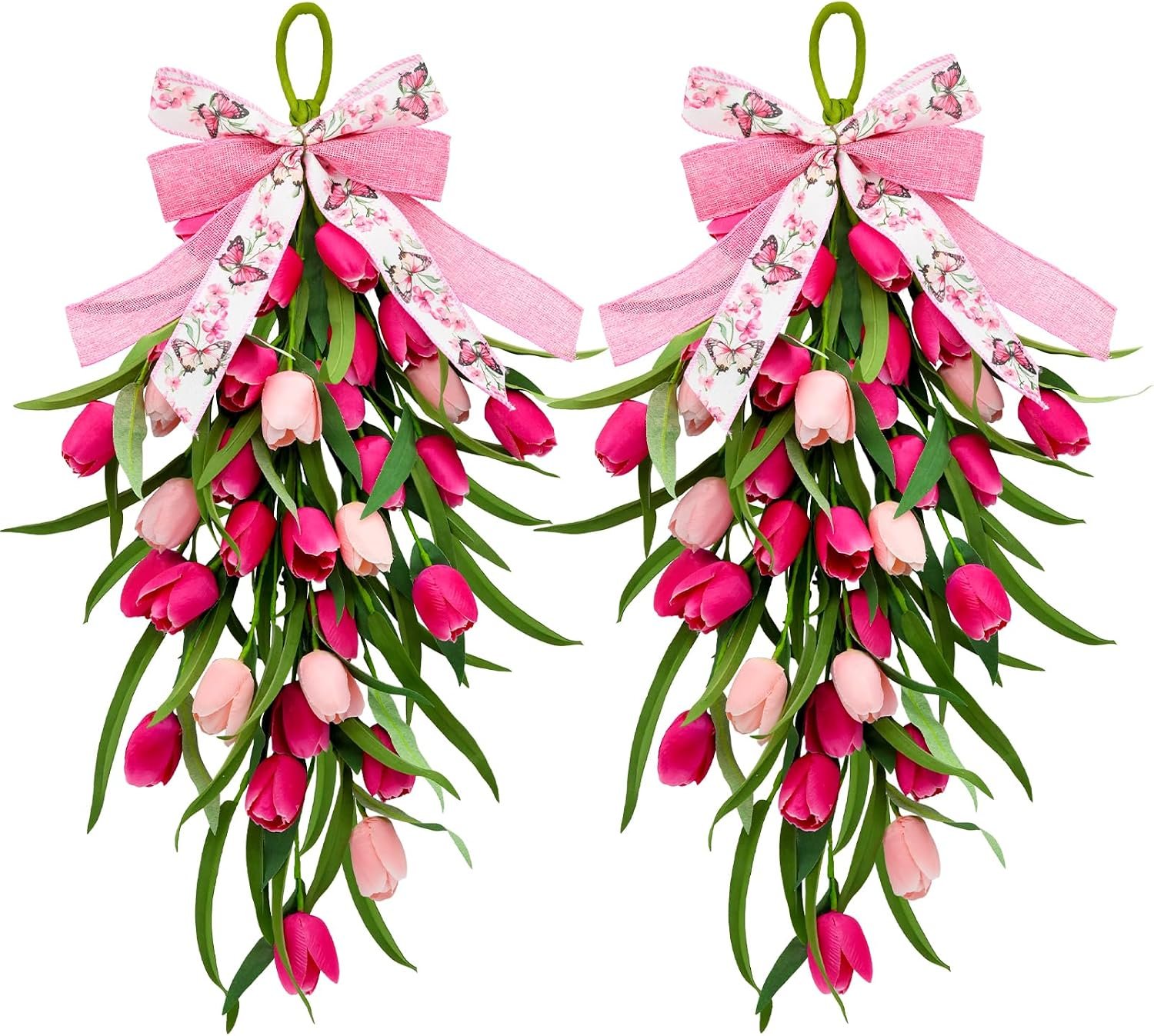 24″ Tulip Teardrop Swag 2Pack Spring Wreaths for Front Door Spring Decorations for Home Rustic Farmhouse Kitchen Wreath with Ribbon Bow Artificial Tulip Flowers Hanging Wreaths for Porch Wall