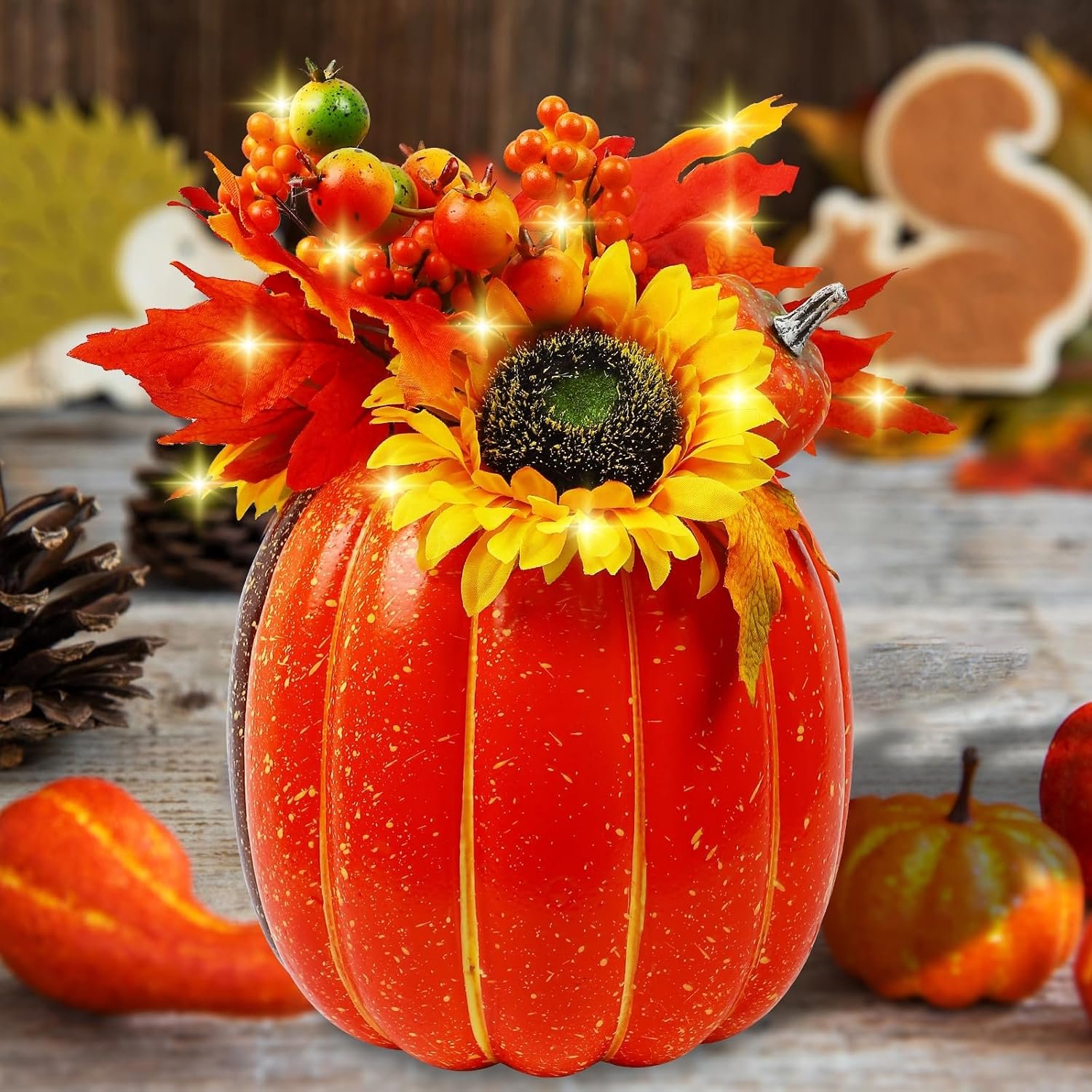 MorTime 11 Inch Thanksgiving Lighted Pumpkin Decor, Thanksgiving Decorations Artificial Pumpkin with 30 LED Lights 9 Maple Leaves 2 Pumpkins 2 Berry Stems Sunflower Straw, Autumn Home Decorations