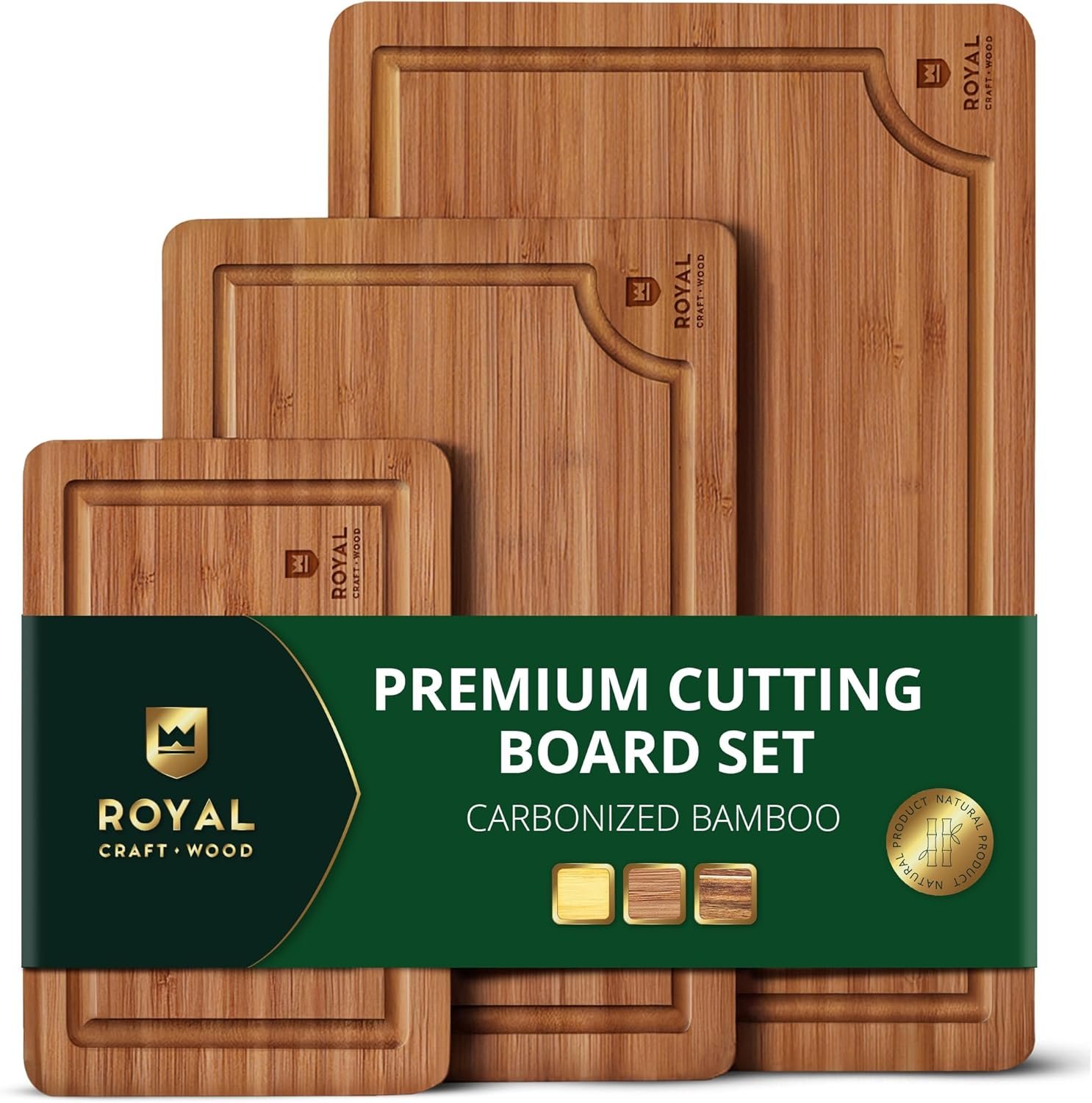 ROYAL CRAFT WOOD Wooden Cutting Boards for Kitchen Meal Prep & Serving – Non Toxic Bamboo Wood Cutting Board Set with Deep Juice Groove Side Handles – Charcuterie & Chopping Butcher Block for Meat