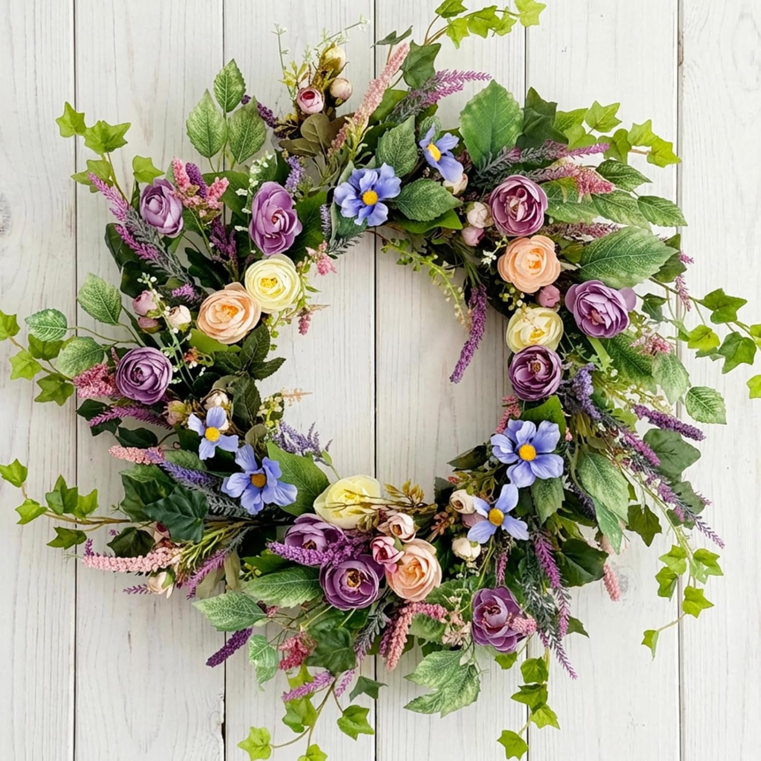 24 Inch Spring Summer Wreaths for Front Door – Large Artificial Peony & Lavender Flower Wreath with Grain Spikes – Lush Purple & Pink Wildflower Farmhouse for Porch, Wedding, Wall Decor