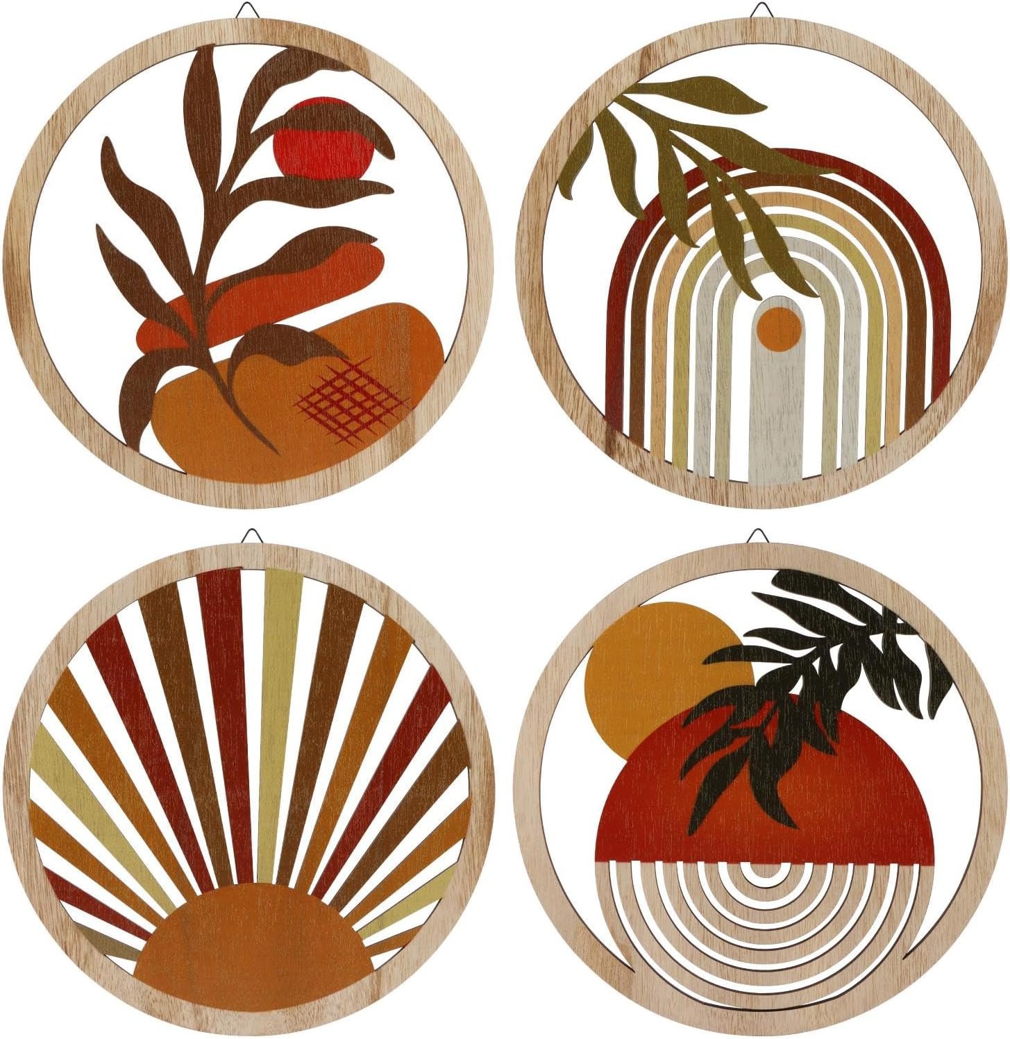 YOSINXU 4 Pcs Boho Wall Decor Rustic Wooden Living Room Bohemian Hanging Art Decor, Decors Farmhouse Geometric Hanging, 10 Inch Aesthetic Minimalist Wood Art for Apartment Bedroom